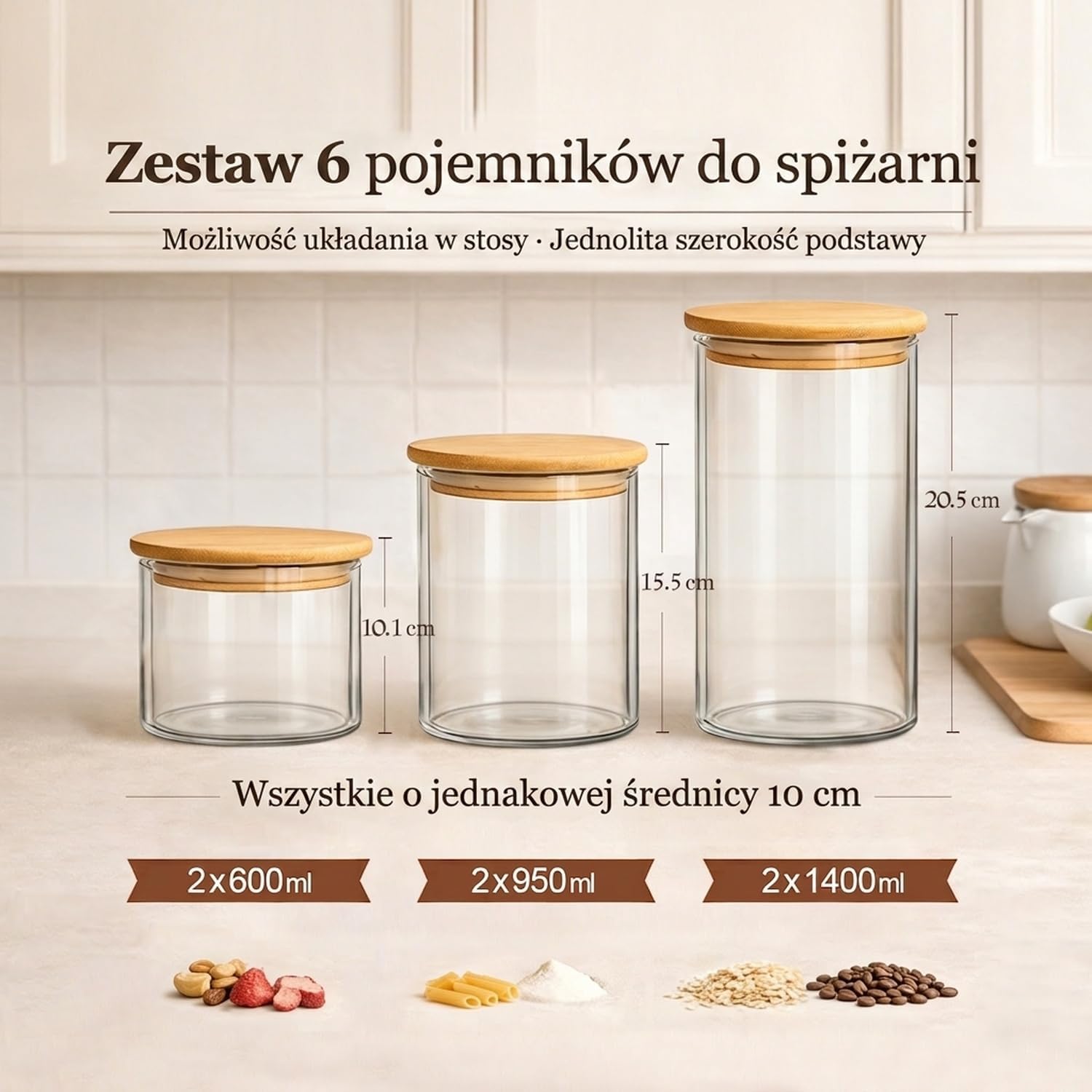 Detalle de ComSaf – zestaw 6 szklanych słoików 600–1400 ml z bambusowymi pokrywkami