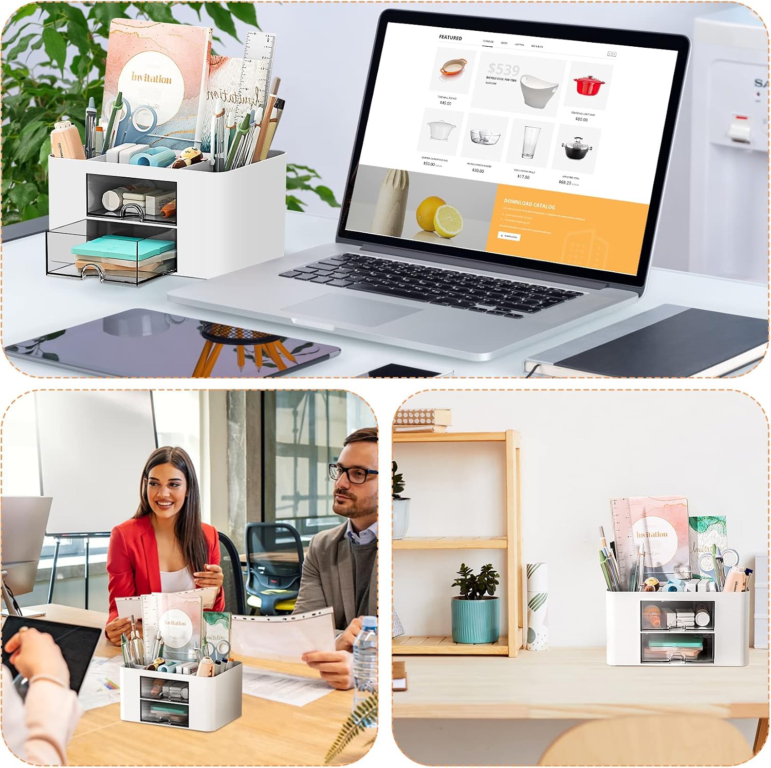 Detalle 2 de PAMIYO Schreibtisch Organizer mit 7 Fächern, Kunststoff (weiß) – Stiftehalter mit Schublade für Büro, Zuhause & Schule