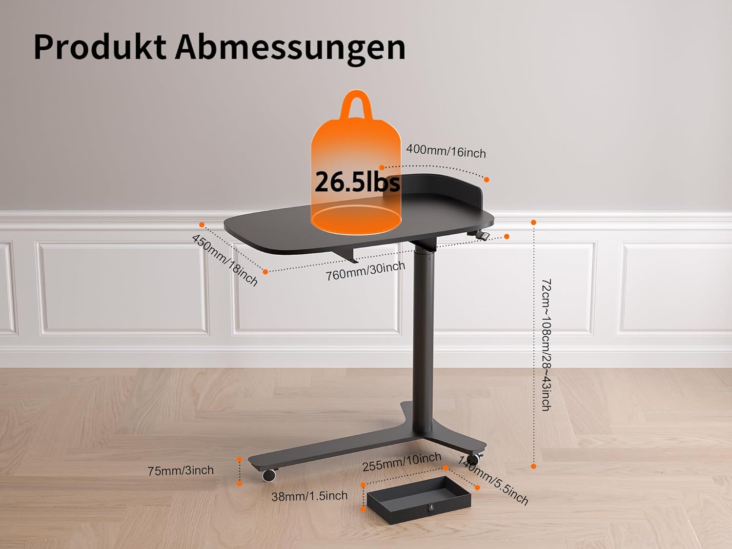Detalle 2 de WalkingdesK Beistelltisch C-Form höhenverstellbar Schwarz