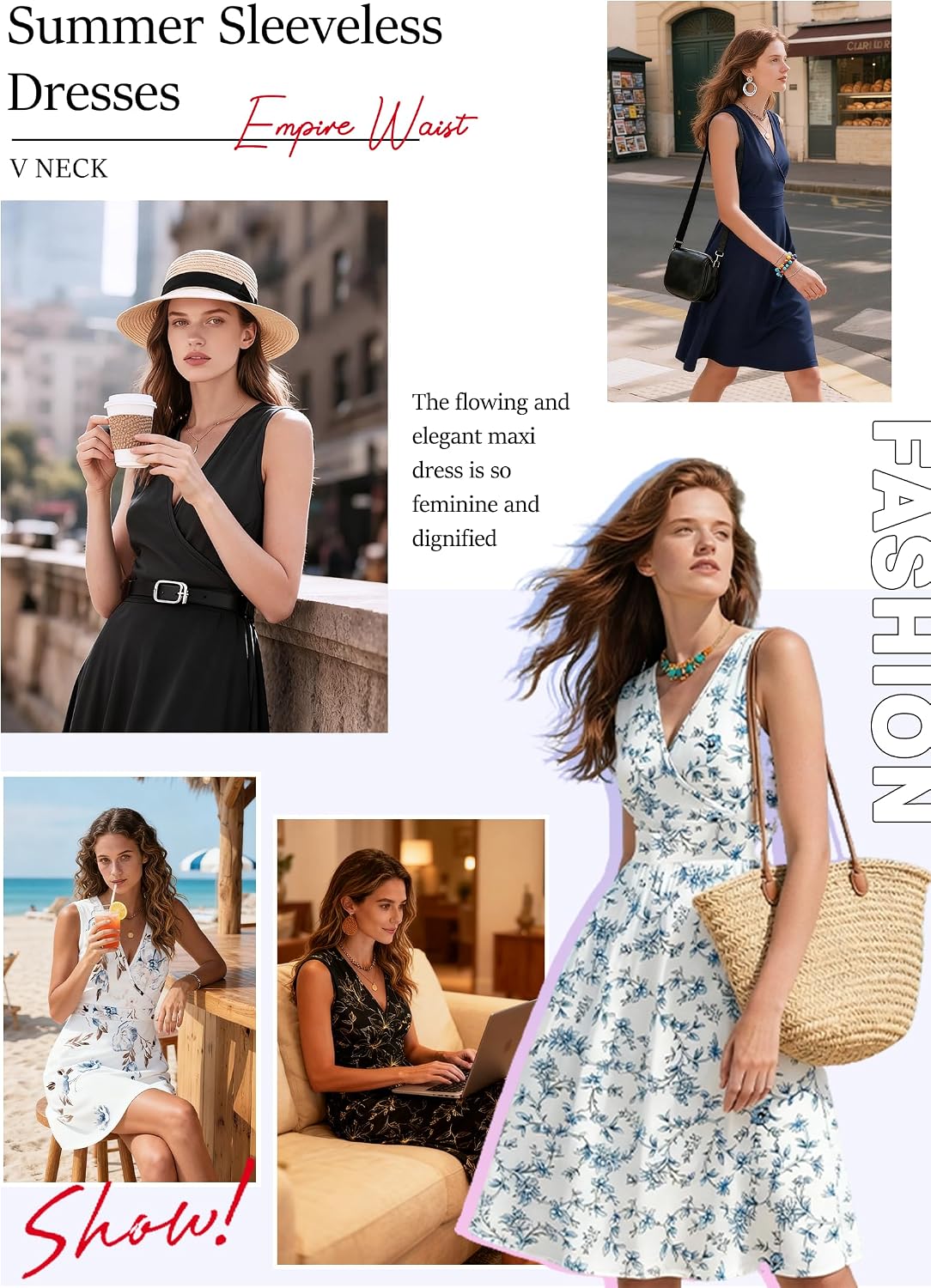 Detalle de WNEEDU 61103 Women’s Sleeveless Summer Dress with Floral Print and Pockets