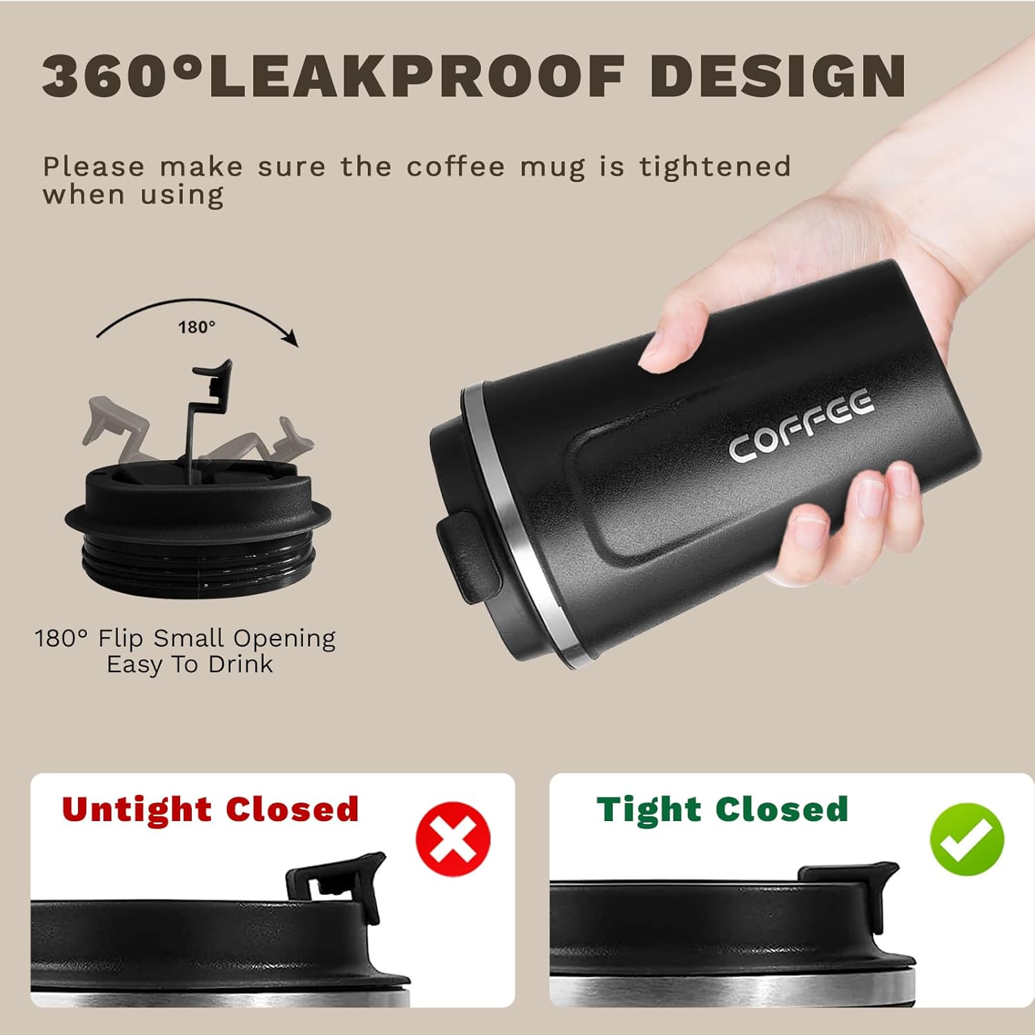 Detalle de SPLMIFA 12oz leak-proof stainless steel vacuum travel coffee mug with lid (Black)