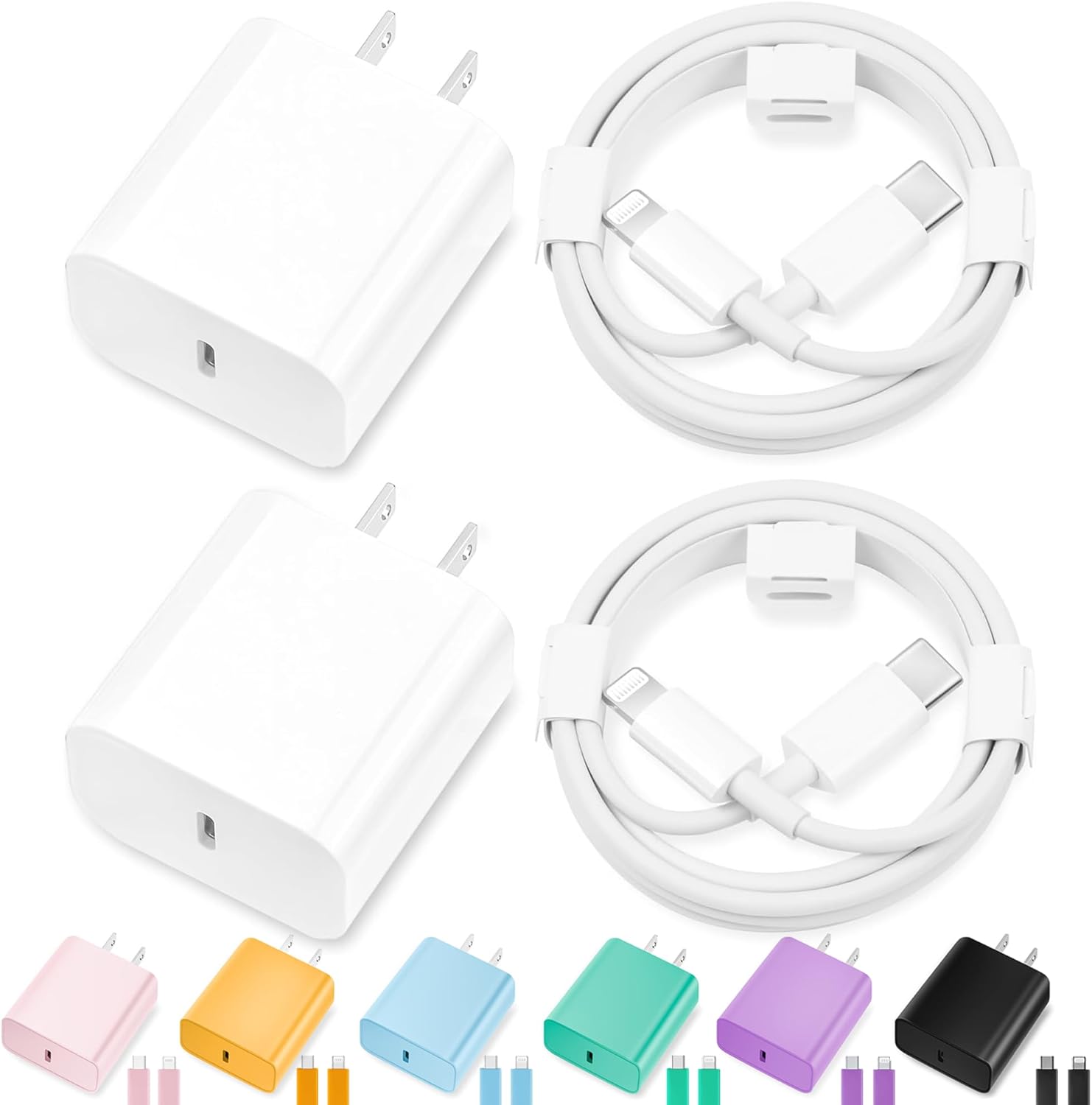 Detalle de iPhone Charger Fast Charging Bundle (2 Pack) — 20W USB-C Power Adapters with 6ft & 10ft USB-C to Lightning Cables