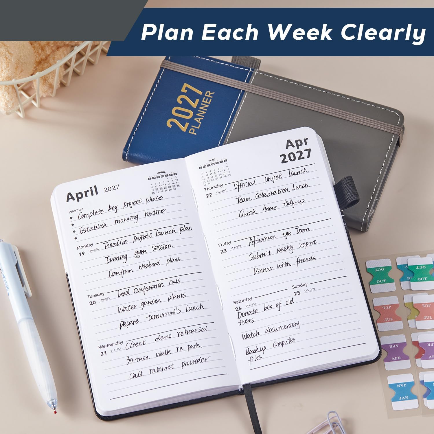 Detalle de PLANNITY 2027 Pocket Planner, Weekly and Monthly, 3.8 x 7-Inch Leather Cover