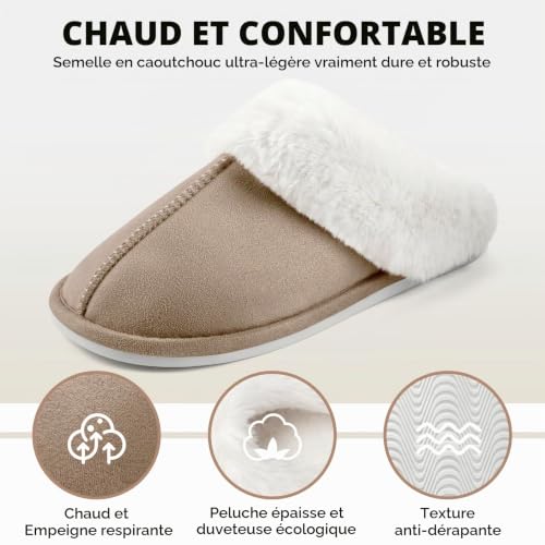Detalle de RUVVDR Chaussons d’hiver mixtes kaki en faux daim, doublure chaude