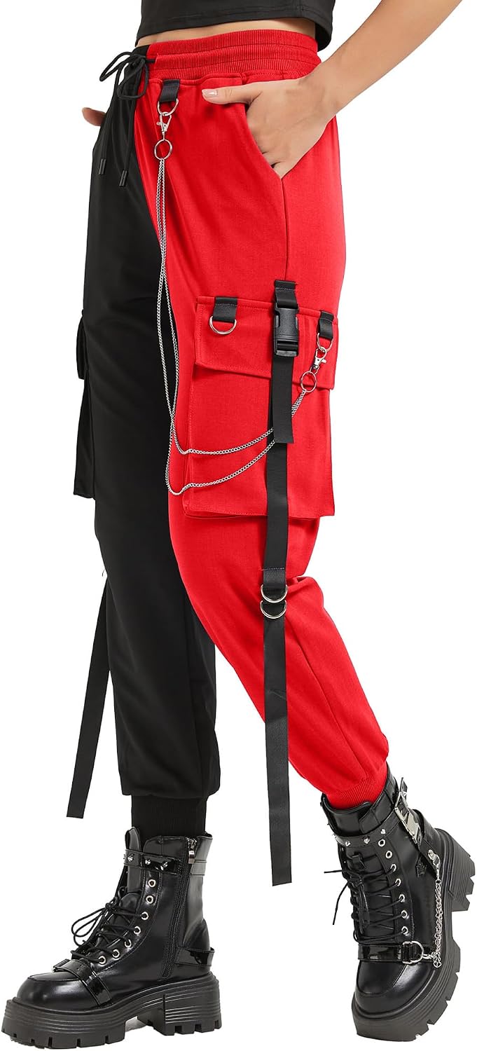Detalle 2 de MEINVQIAOTI Damen Retro Cargo – weite Cargo-Hose im Retro-/Punk-Look mit Ketten-Details