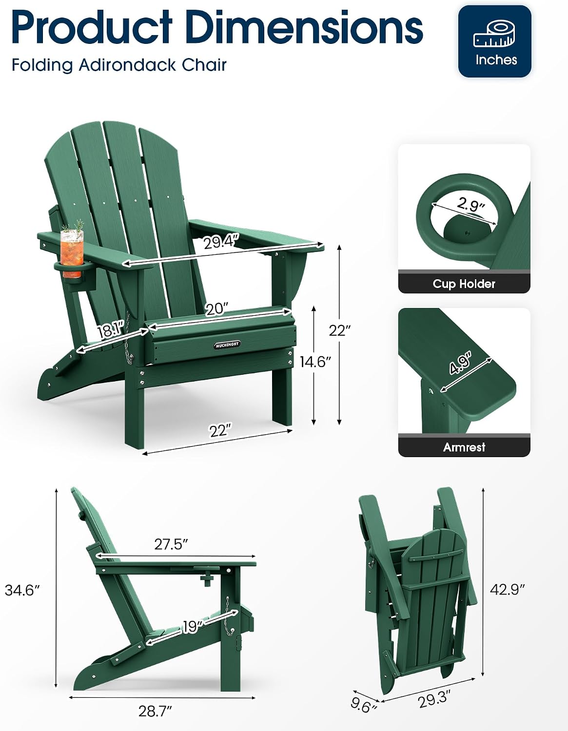 Detalle de MUCHENGHY Folding Adirondack Chair Set of 2, Green HDPE Patio Chairs with Cup Holders