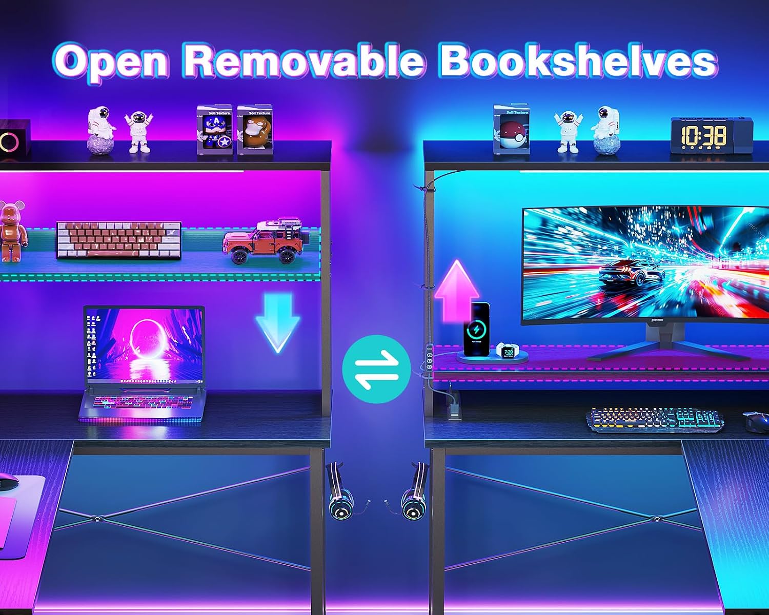 Thumbnail 3 de AODK 43-Inch Reversible L-Shaped Gaming Desk with LED Lights and Power Outlet