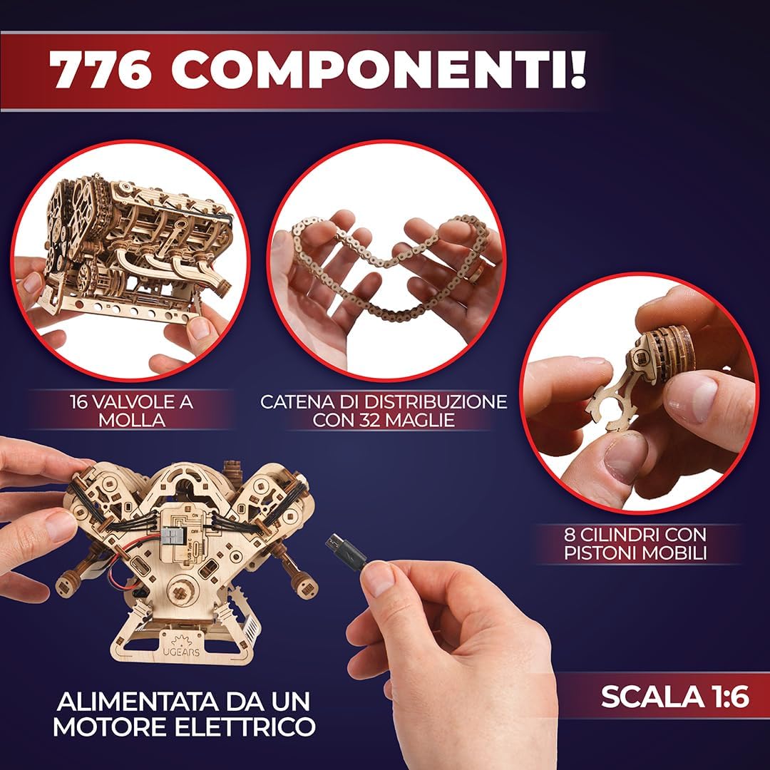 Thumbnail 5 de UGEARS V8 Engine Model Kit: Puzzle 3D in Legno per Adulti (776 pezzi) - Motore V8 in scala 1:6