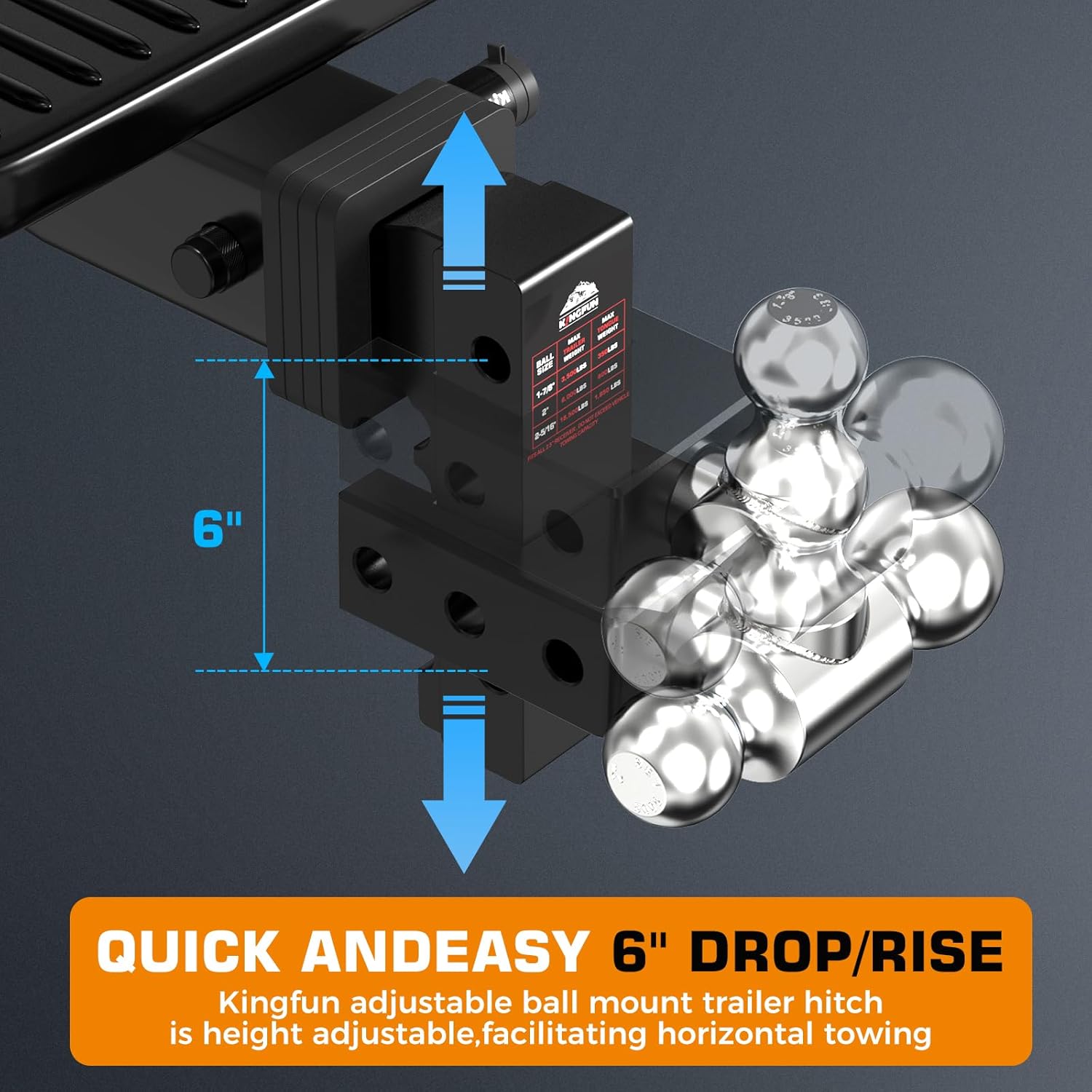 Thumbnail 3 de Kingfun Adjustable Trailer Hitch (2.5" Receiver) with 6" Drop/Rise and Tri-Ball Tow Hitch