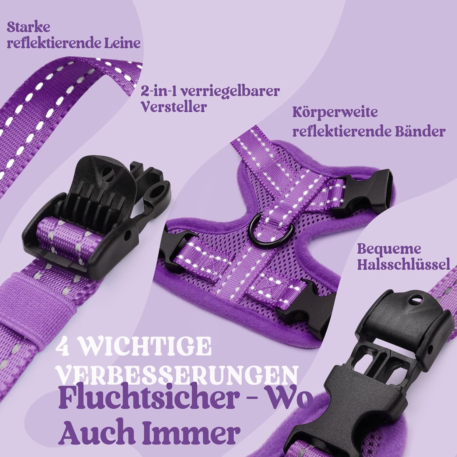 Detalle de Rabbitgoo Katzengeschirr mit Leine – Ausbruchsicher, verstellbar, weiches Brustgeschirr, Reflektierend, S (Lila)