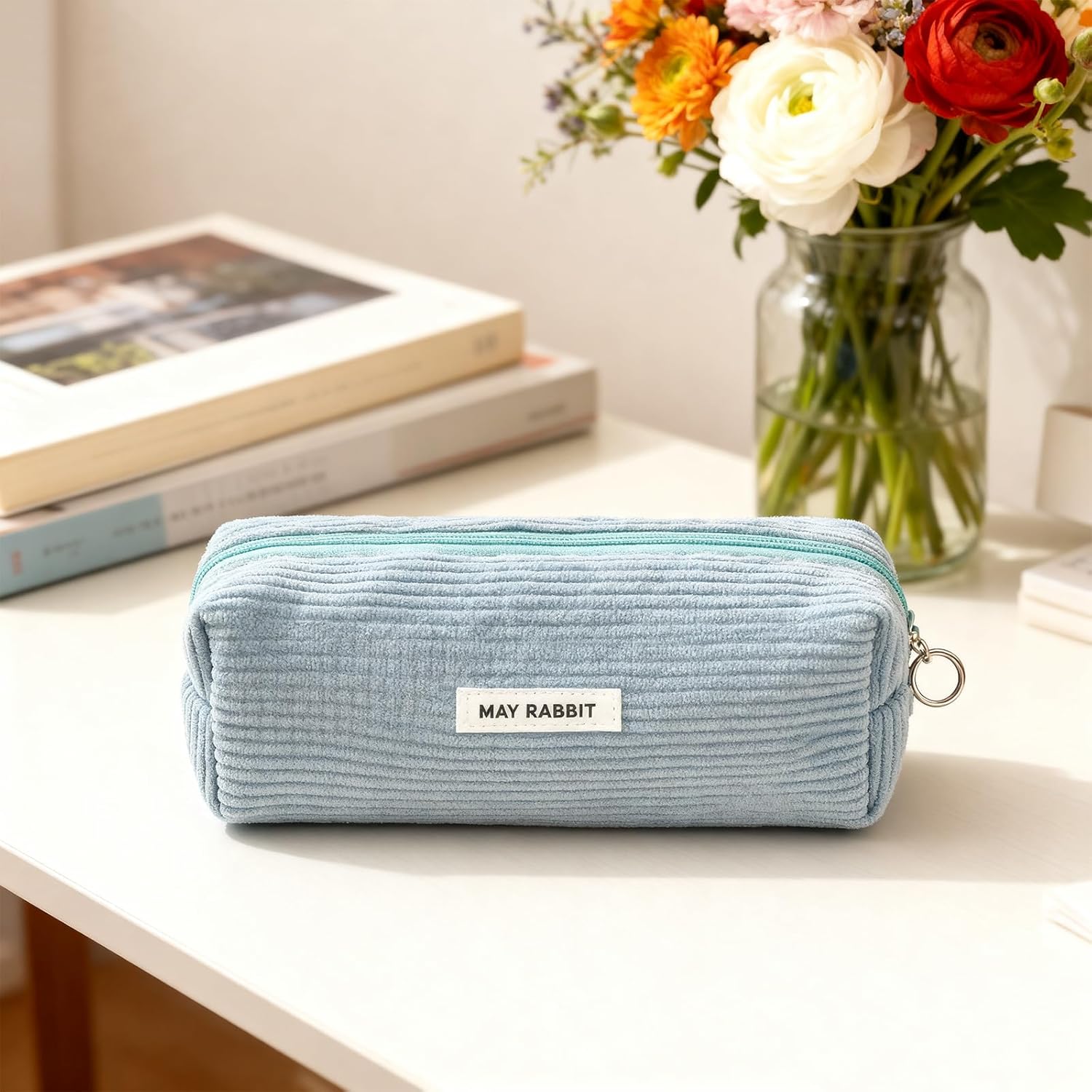 Detalle de Vfrdsa Corduroy Pencil Case – Blue, Large Capacity for Stationery Storage
