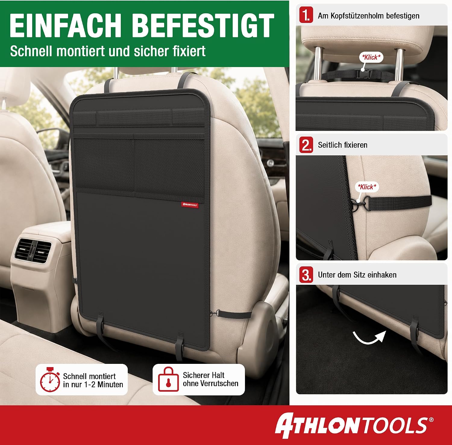 Detalle de ATHLON TOOLS Rückenlehnen-Schutzmatte – wasserabweisend, 70 × 44 cm, mit Netztaschen