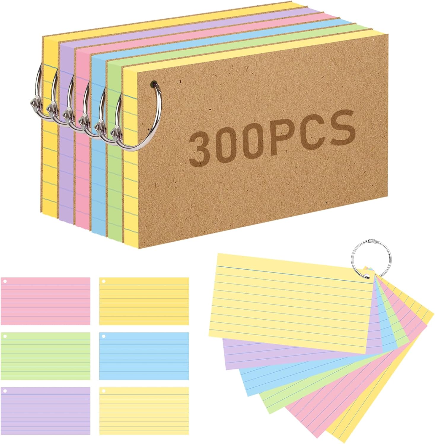 Flash Card 300 Pcs Revision Cards with Multicolor Kraft Card and 6 Binder Rings