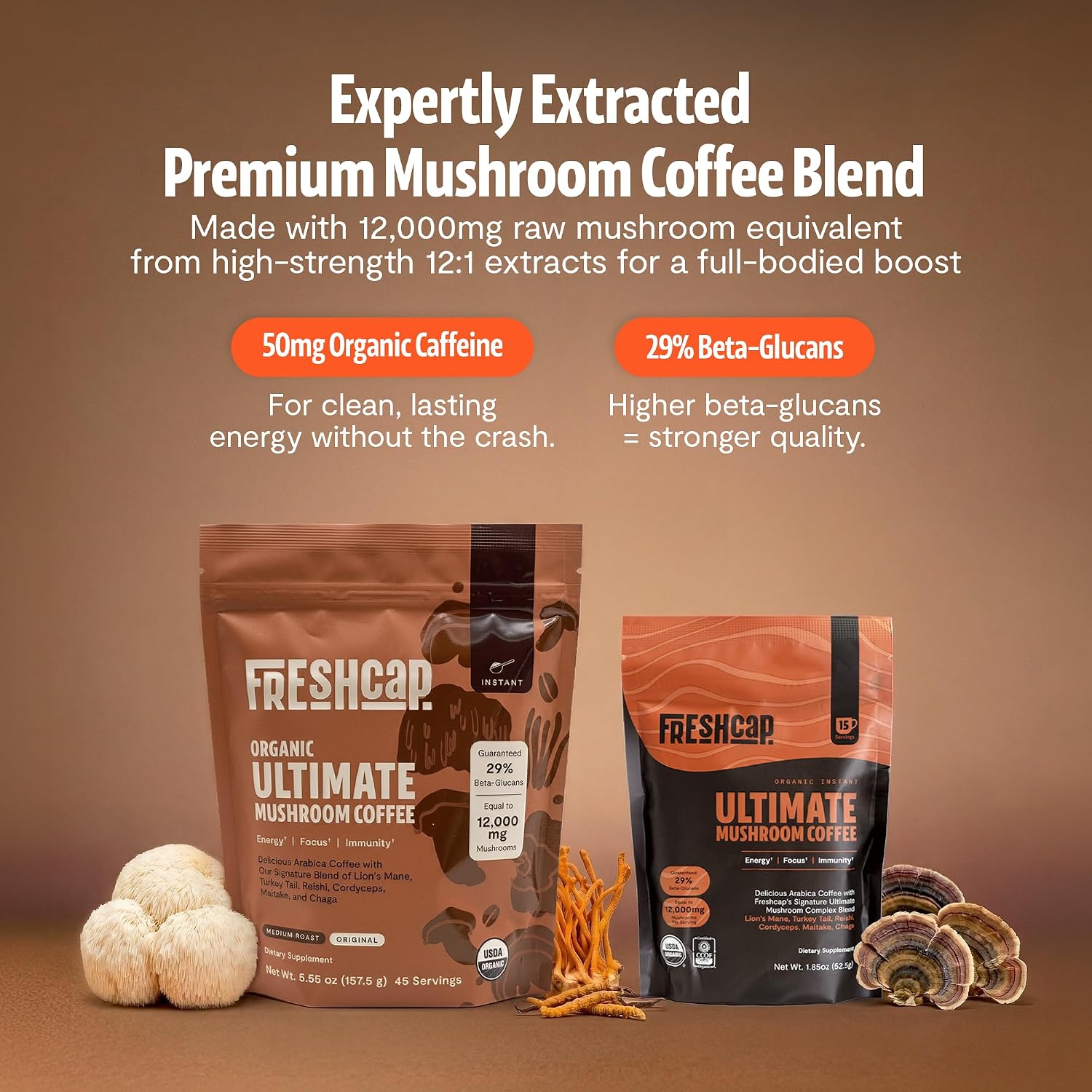 Detalle de FreshCap Mushroom Powders Organic Instant Mushroom Coffee, 45 Servings