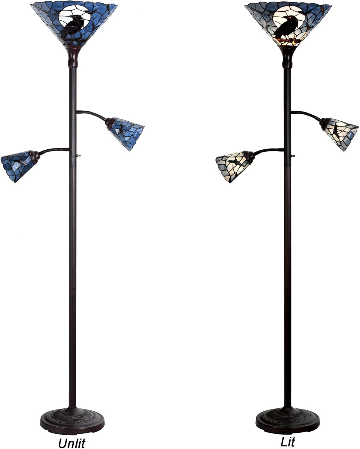 Thumbnail 1 de Bieye L50957 Tiffany-style stained glass 3-light torchiere floor lamp with adjustable reading lights (Dark Blue, Crow)