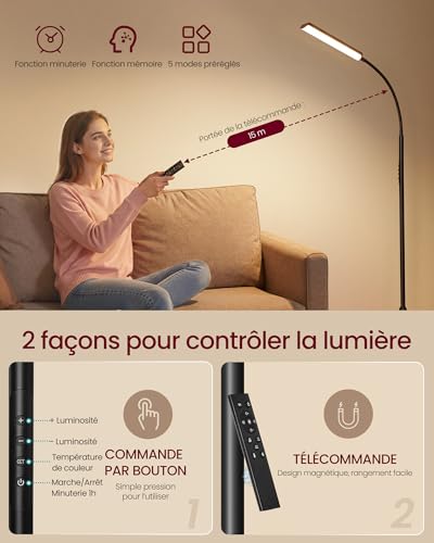 Thumbnail 5 de VASAGLE Lampadaire LFL007BD02 — Lampe de lecture noir mat à hauteur réglable et col de cygne orientable 360°