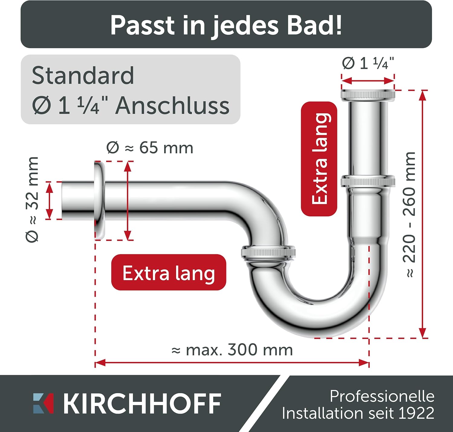 Thumbnail 2 de KIRCHHOFF Siphon Waschbecken PLUS – langlebiger Siphon mit langem Abfluss- und Tauchrohr, 1 1/4" Anschluss, 32 mm