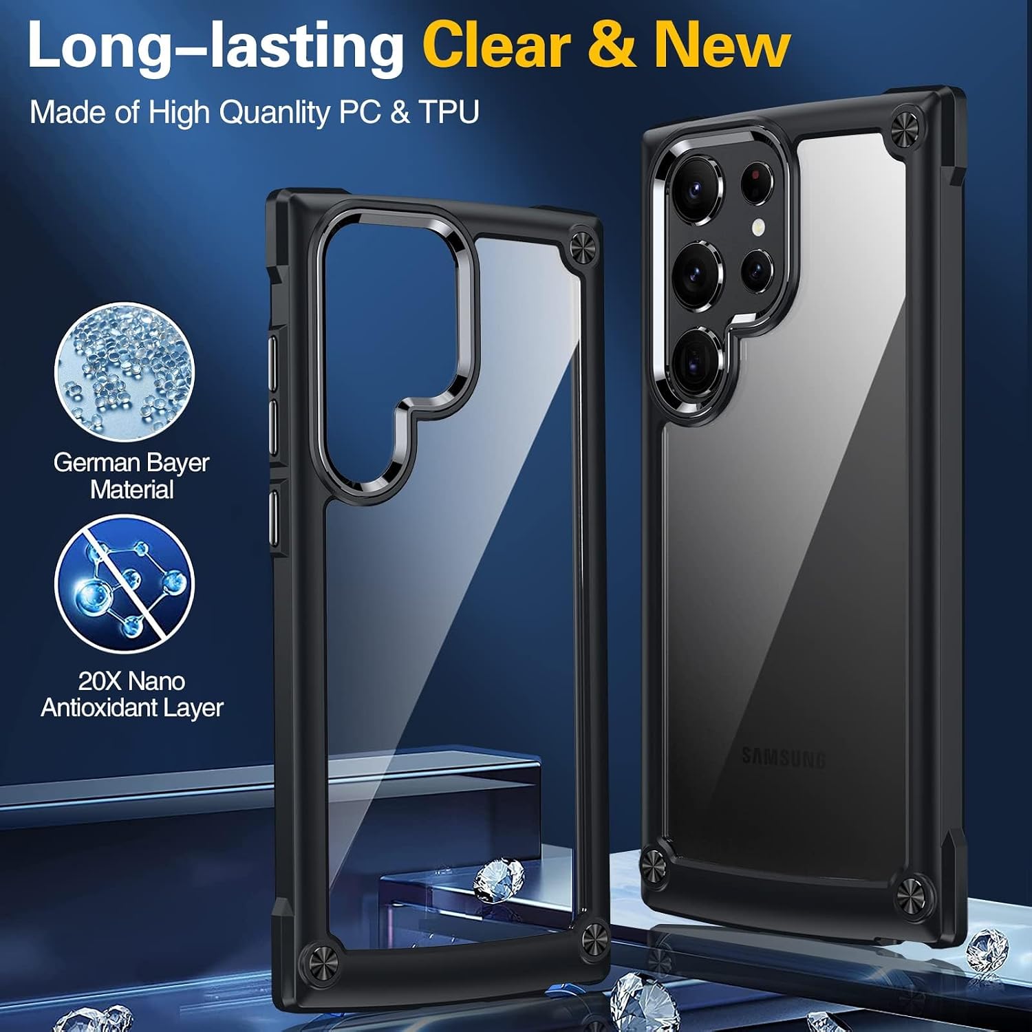 Detalle de Oterkin Samsung-Galaxy-S23-Ultra Case, Clear Back, Black, Lens Protectors