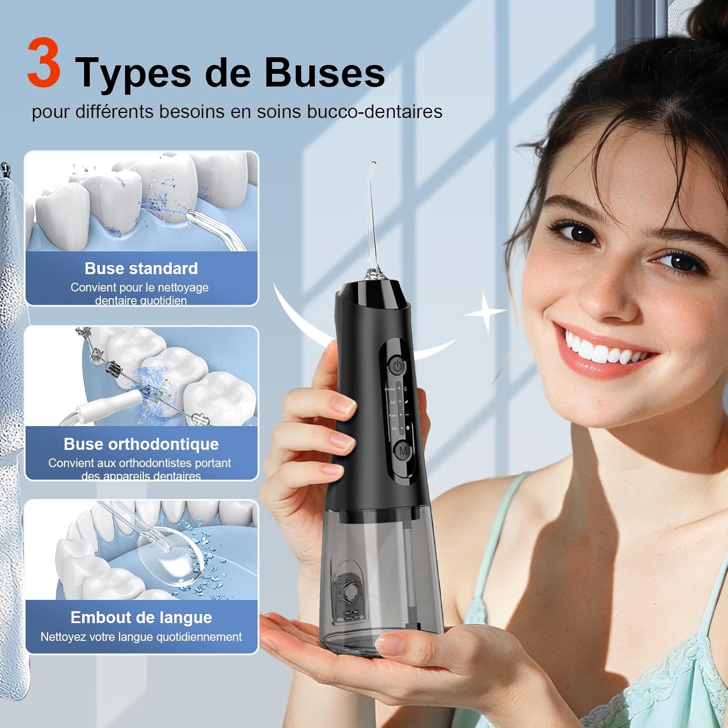 Detalle 2 de Hydropulseur Jet Dentaire 320ML – 4 modes, 5 buses, IPX7, autonomie jusqu’à 40 jours