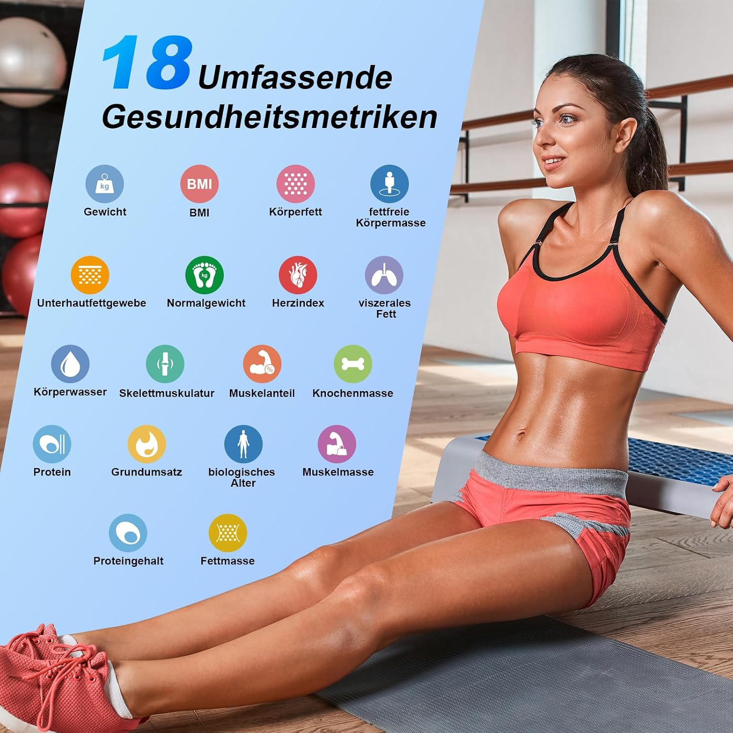 Detalle de Bluetooth-Körperfettwaage Digital mit 8 Elektroden: Ganzkörperanalyse & App (18 Körperdaten, BMI, Muskelmasse)