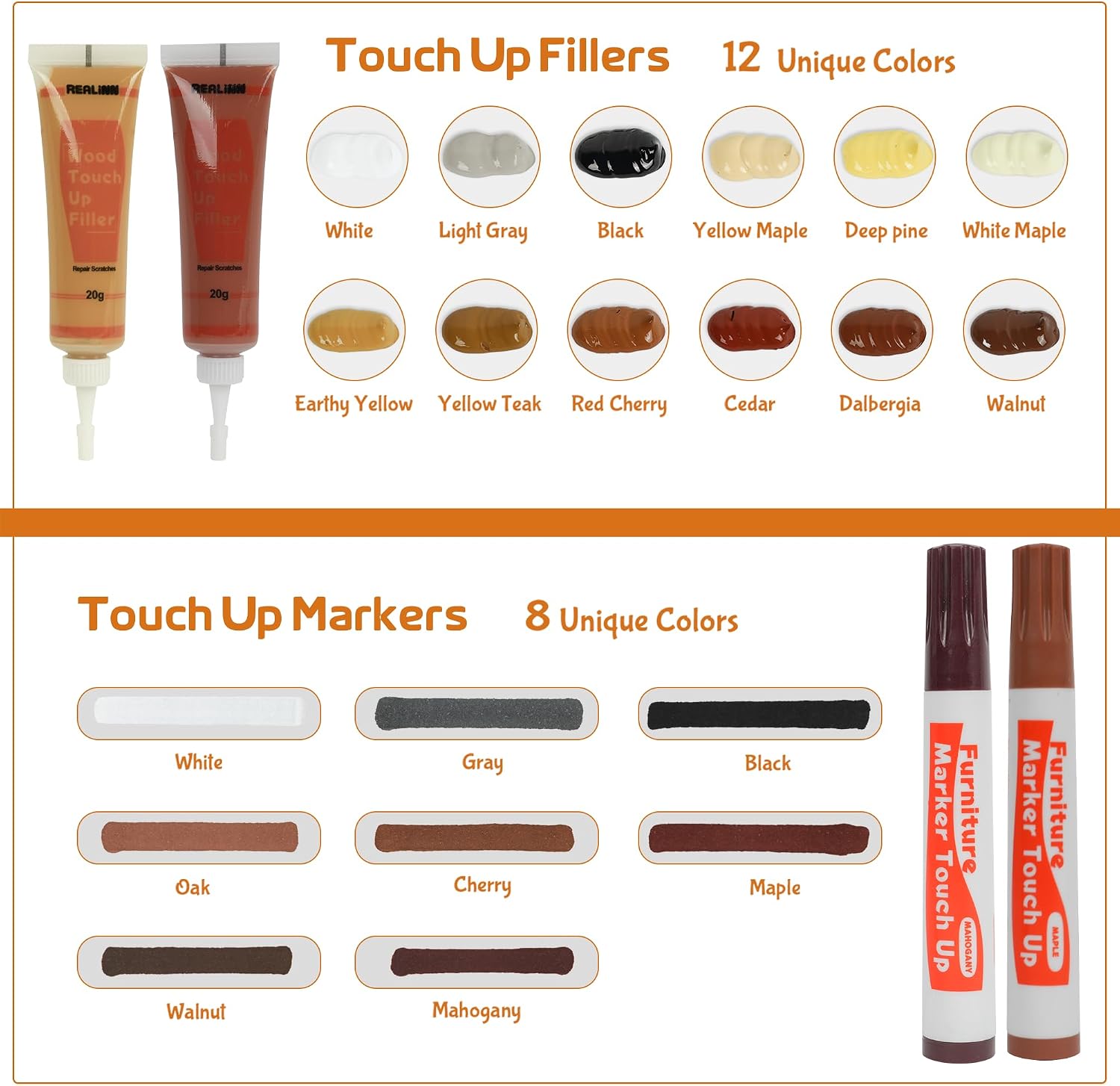 Thumbnail 6 de REALINN Wood Furniture Repair Kit — 28-Piece Set with Touch Up Markers, Fillers, Wood Putty, and More