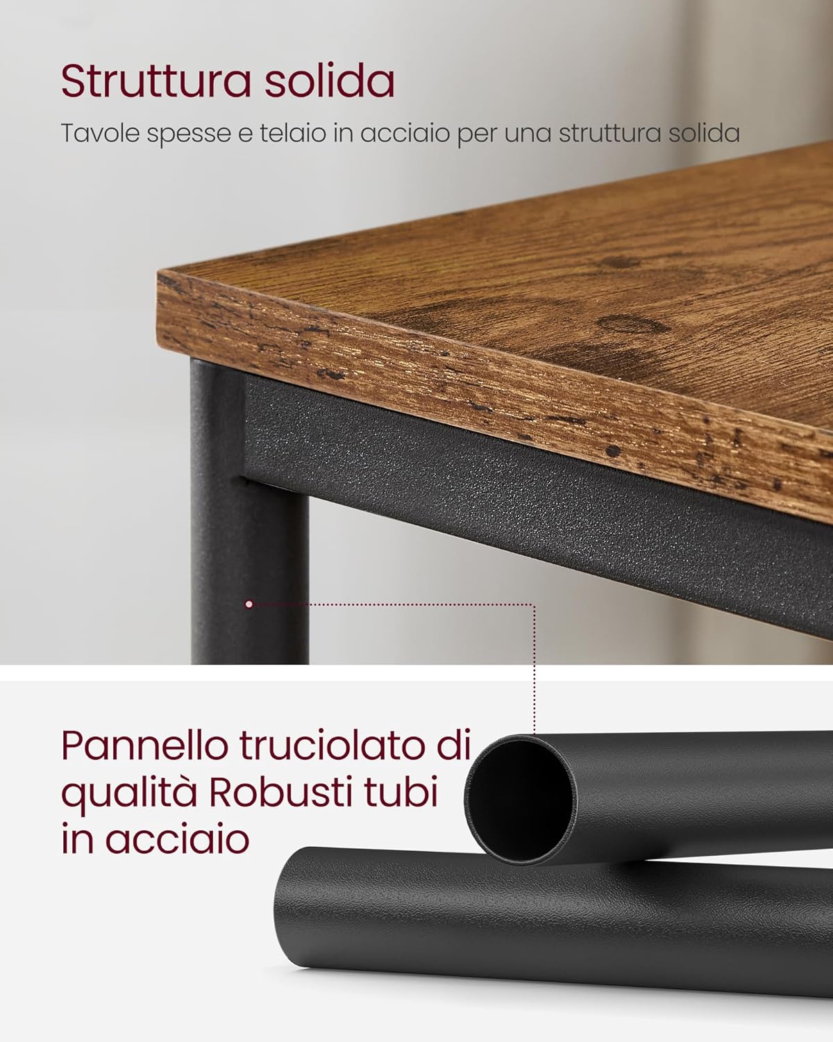 Detalle de VASAGLE Tavolino da Divano LET273B01: Tavolino a 3 Livelli in Acciaio, Marrone Vintage e Nero Inchiostro