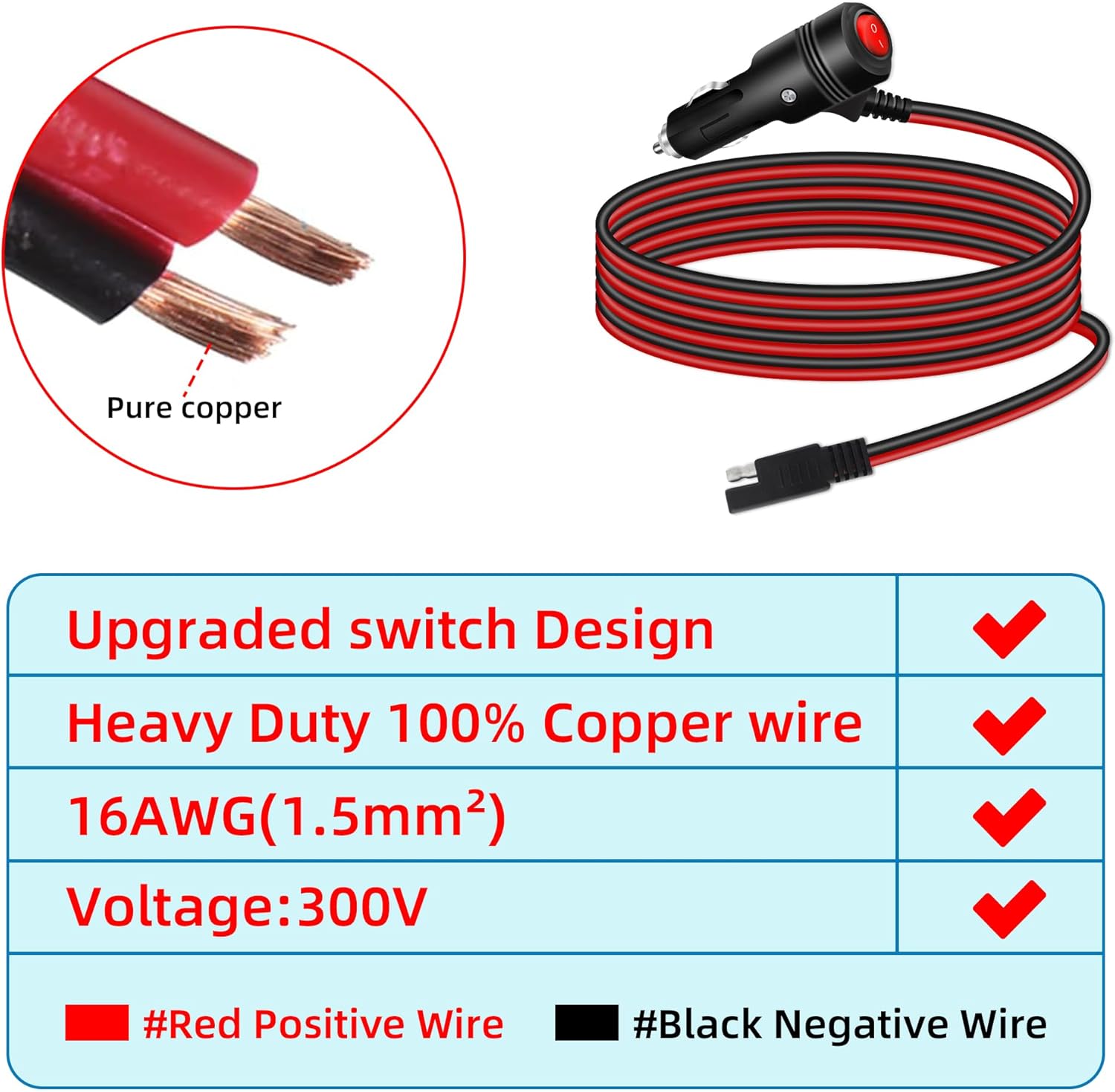 Thumbnail 1 de GELRHONR 6.5ft SAE to Cigarette Lighter Plug with Switch, 12V/24V adapter extension cable (15A fuse)