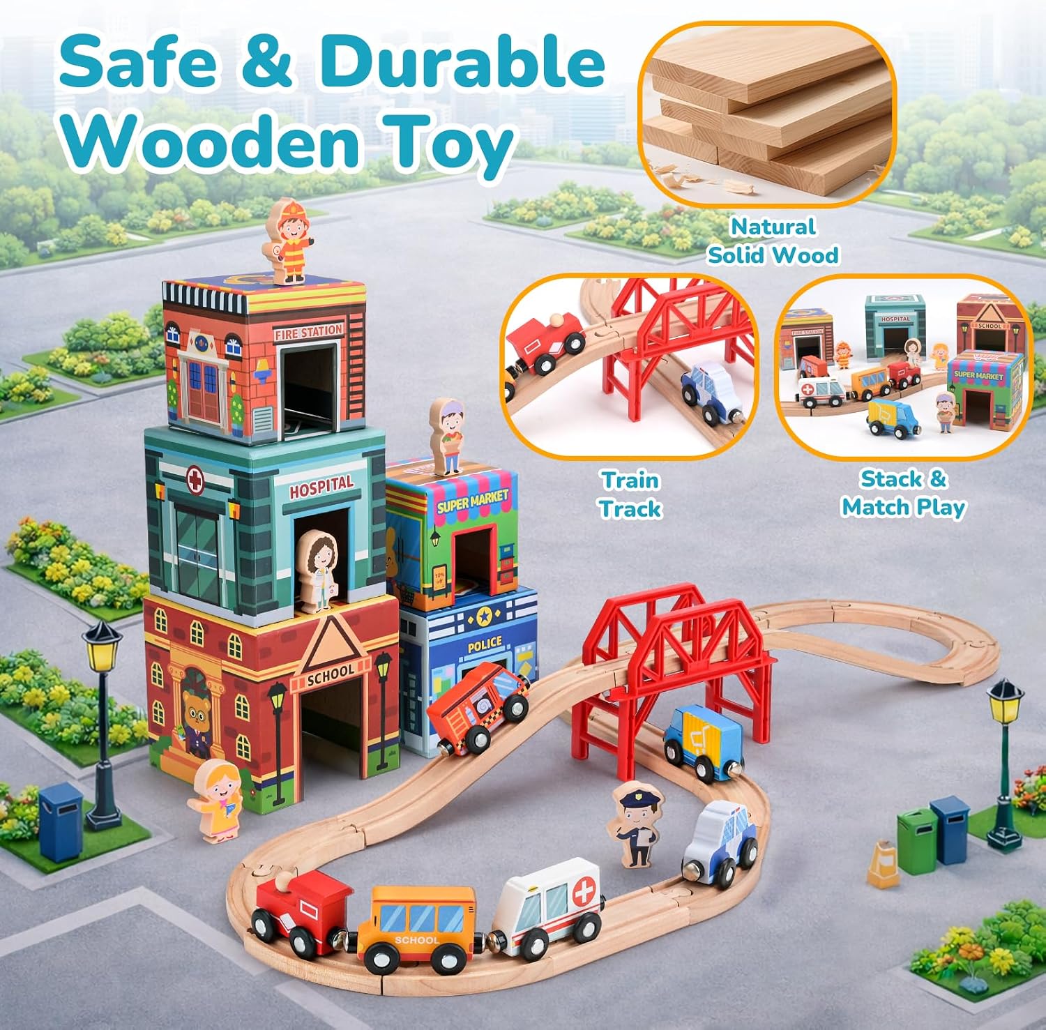 Detalle de Wooden Train Set with 23 Tracks