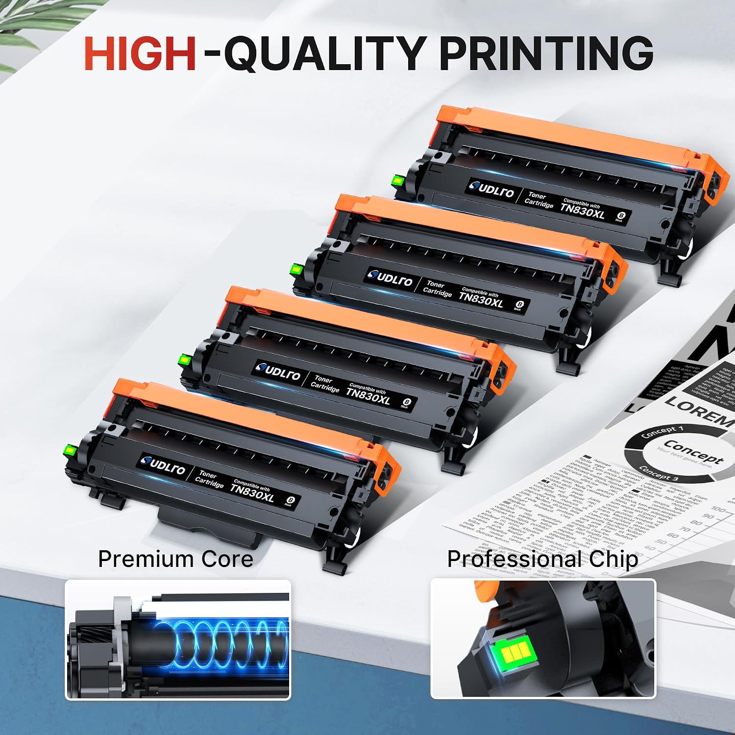 Detalle de SUDLTO TN830XL Compatible Black Toner Cartridge, 4-Pack for Brother Printers
