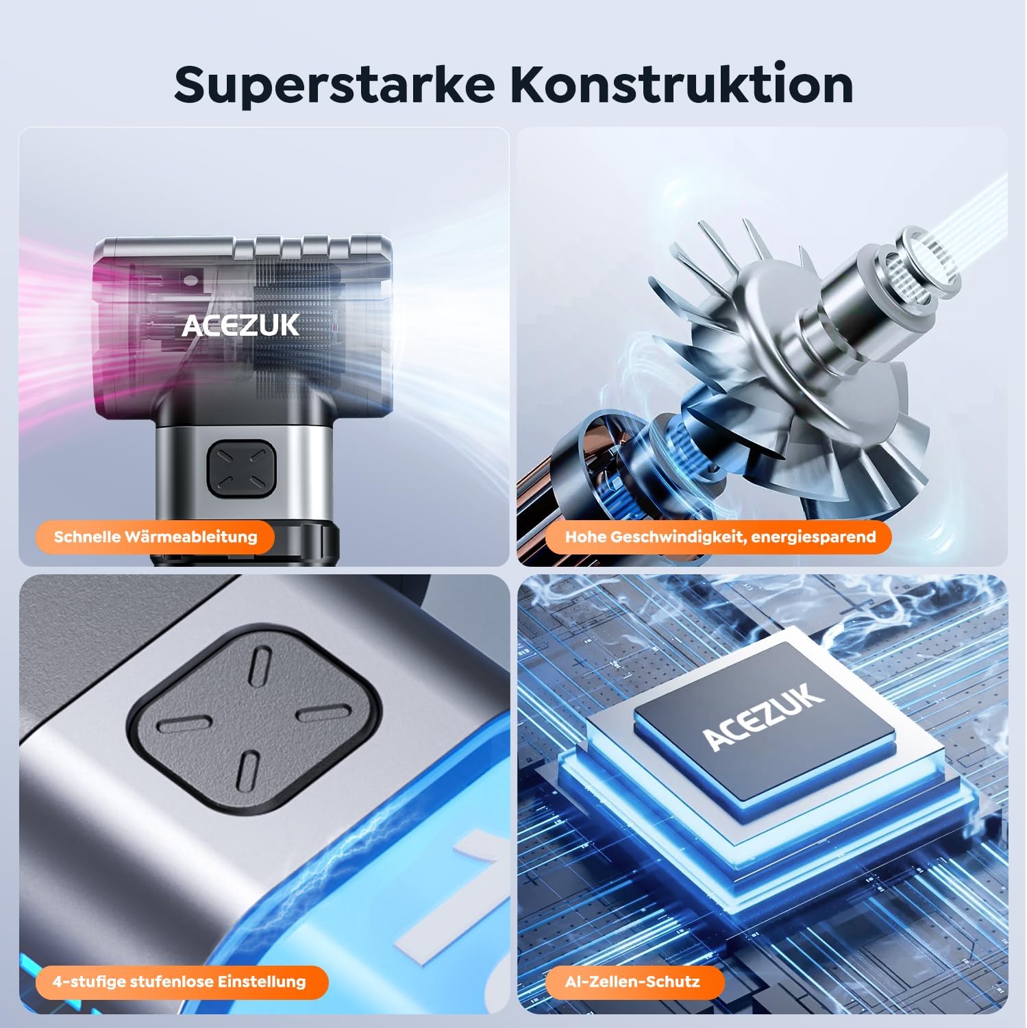Detalle 2 de ACEZUK Elektrische Staubgebläse: 4-Gang Luftspray mit Akku für PC, Elektronik und Haushalt