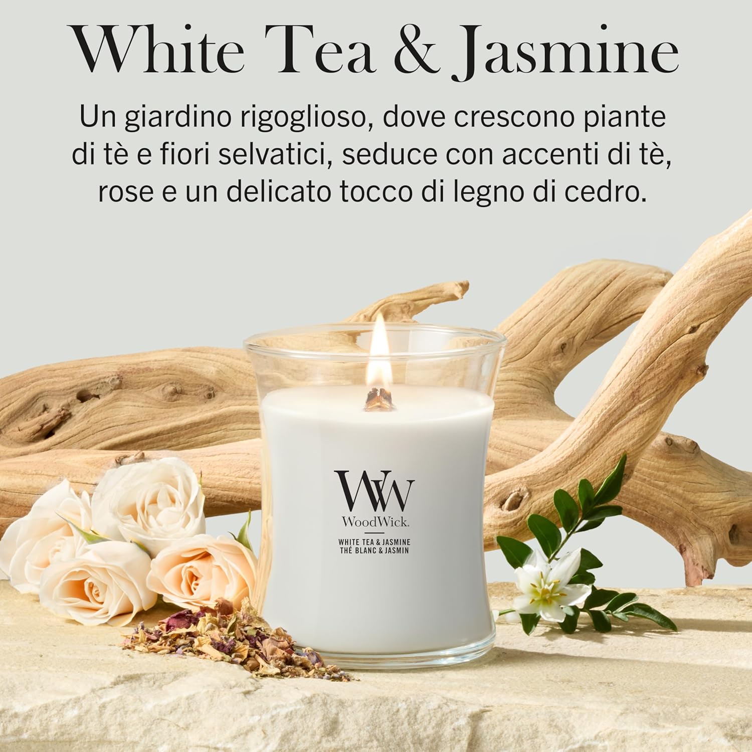 Detalle de WoodWick Candela profumata Hourglass media White Tea & Jasmine con stoppino crepitante