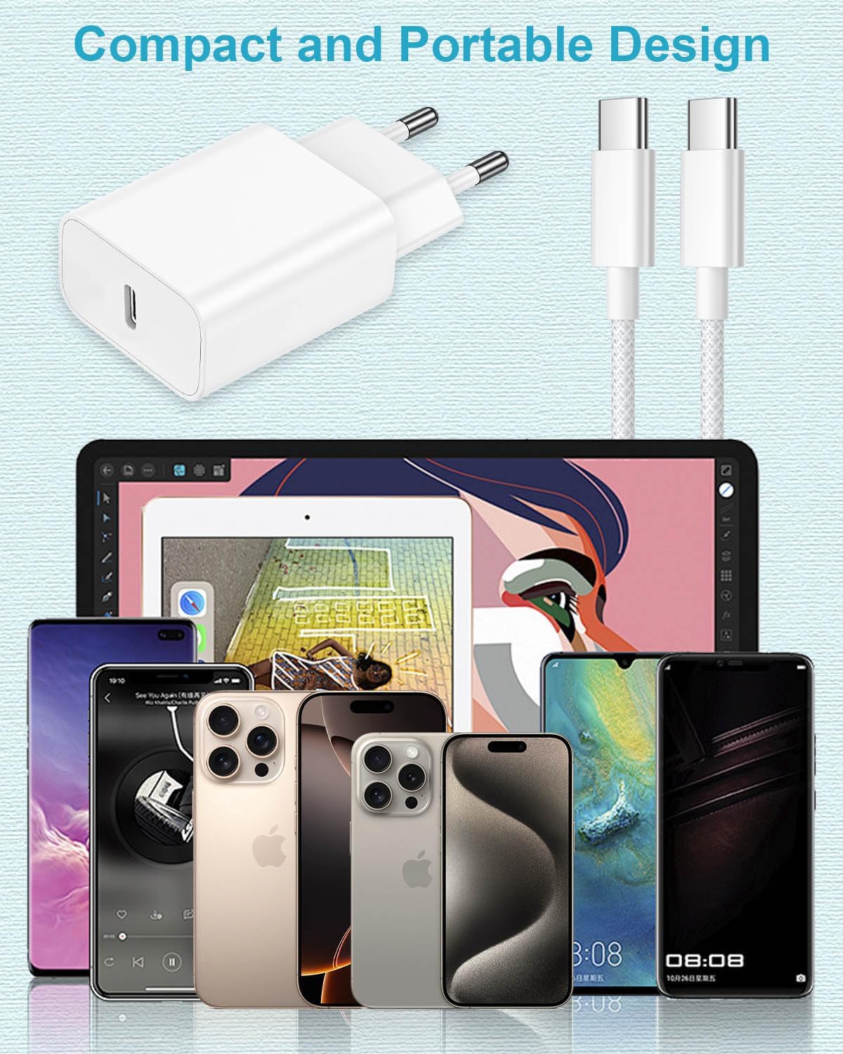 Detalle 2 de Caricatore USB‑C 25W con cavo da 3 m: ricarica rapida e compatibilità ampia per iPhone e iPad