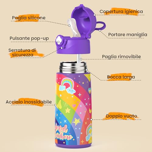 Detalle de Ntswasd Borraccia Termica Bambini 500 ml in Acciaio Inox Unicorno – BPA free, antileak, con cannucia e pulizia