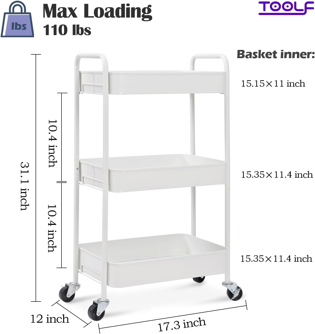 Detalle 2 de TOOLF WK131218 3-Tier Metal Rolling Cart, White, Tool-Free Assembly