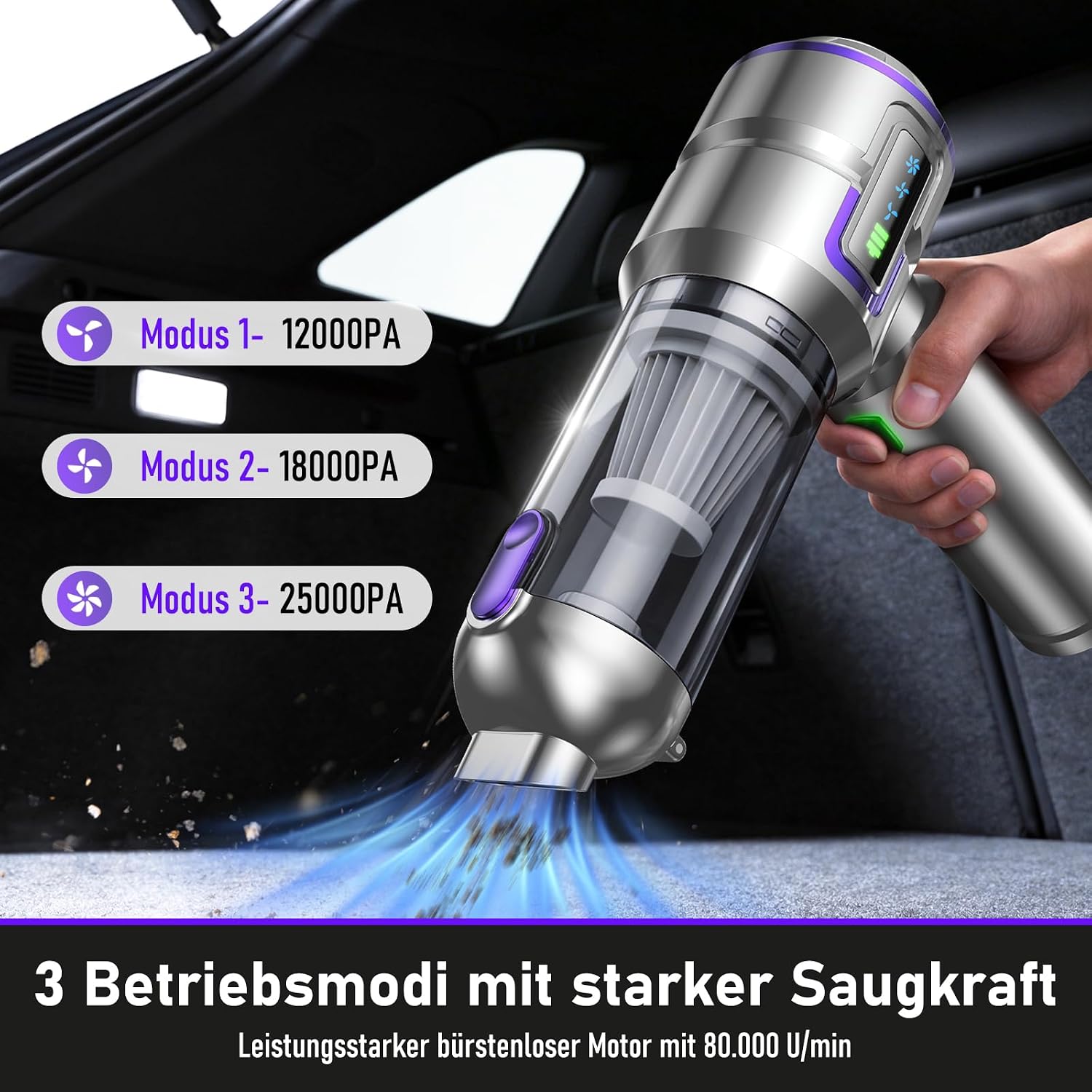 Detalle de botatio Handstaubsauger 25000Pa 4-in-1 mit Display & Selbstentleerung – 3-Stufen Motor, Akku, Silber