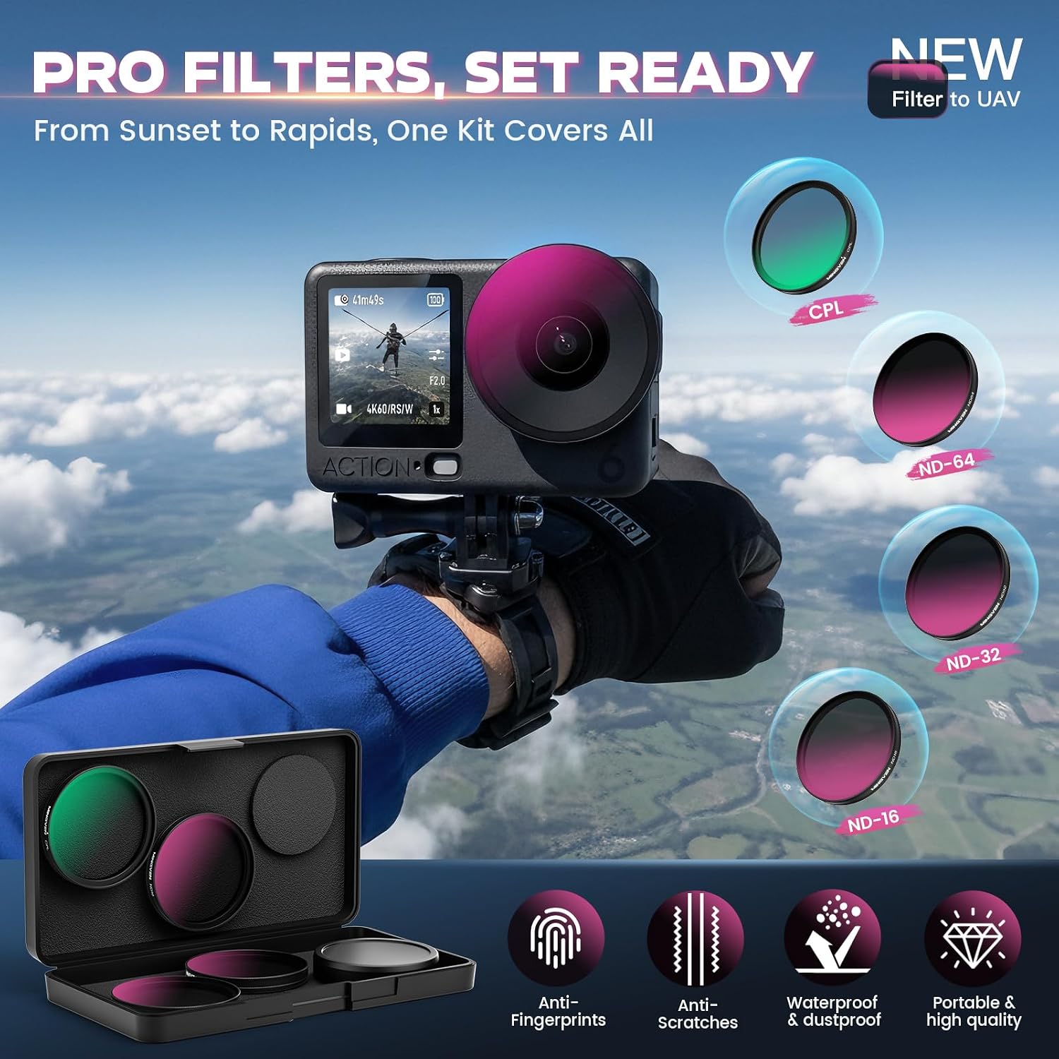Detalle de MINGVEN Osmo Action 6 ND Filter Set (4-teilig) mit CPL und Silikon-Objektivhülle – ND16, ND32, ND64