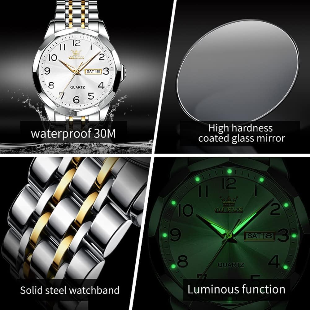 Detalle 2 de OLEVS Business-Kleid Luxus-Herrenuhr Gold/Silber mit Leuchtziffern, Quarzwerk und 30 m Wasserdicht