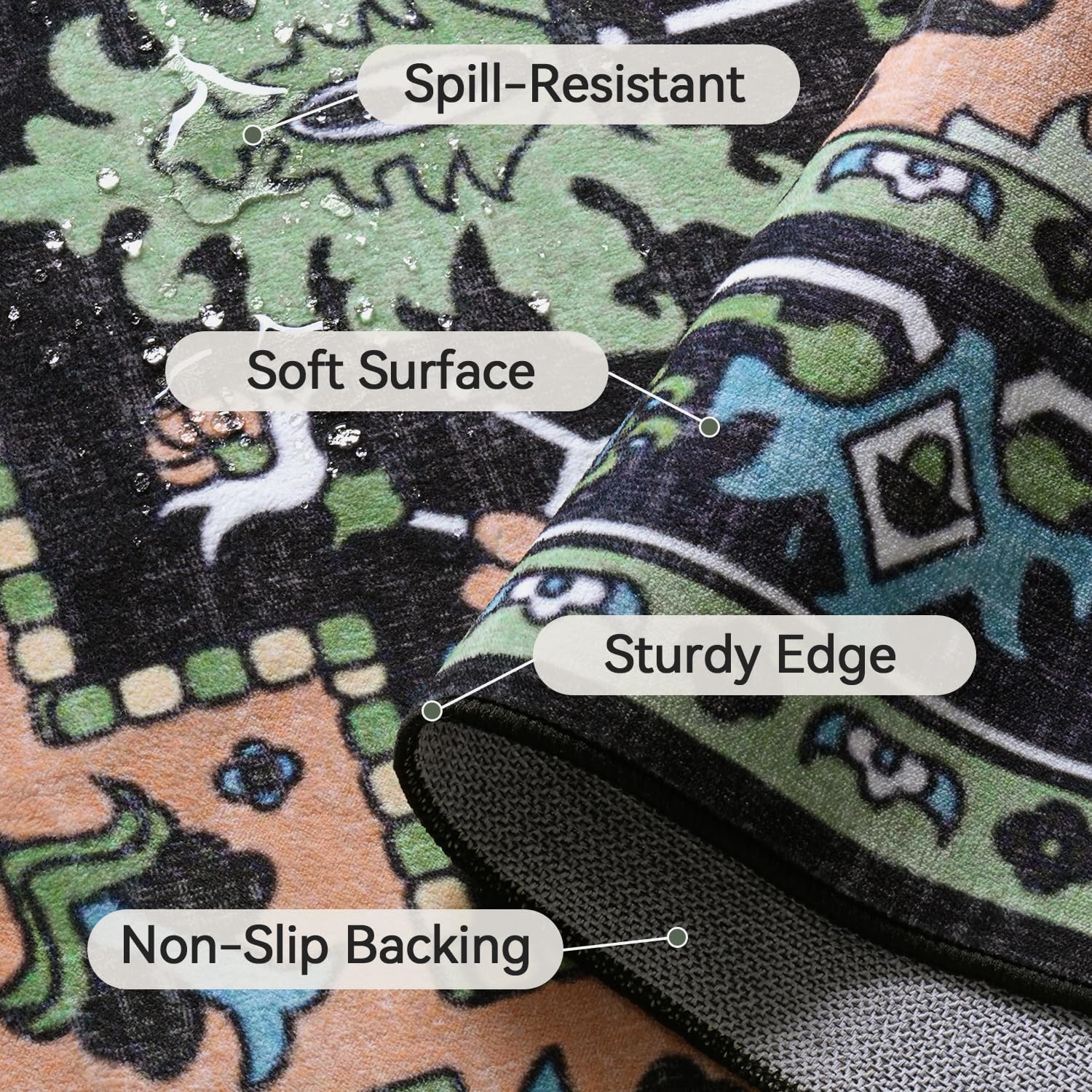 Thumbnail 4 de 5x7 Vintage Floral Washable Area Rug with Non-Slip Backing — Dark Green