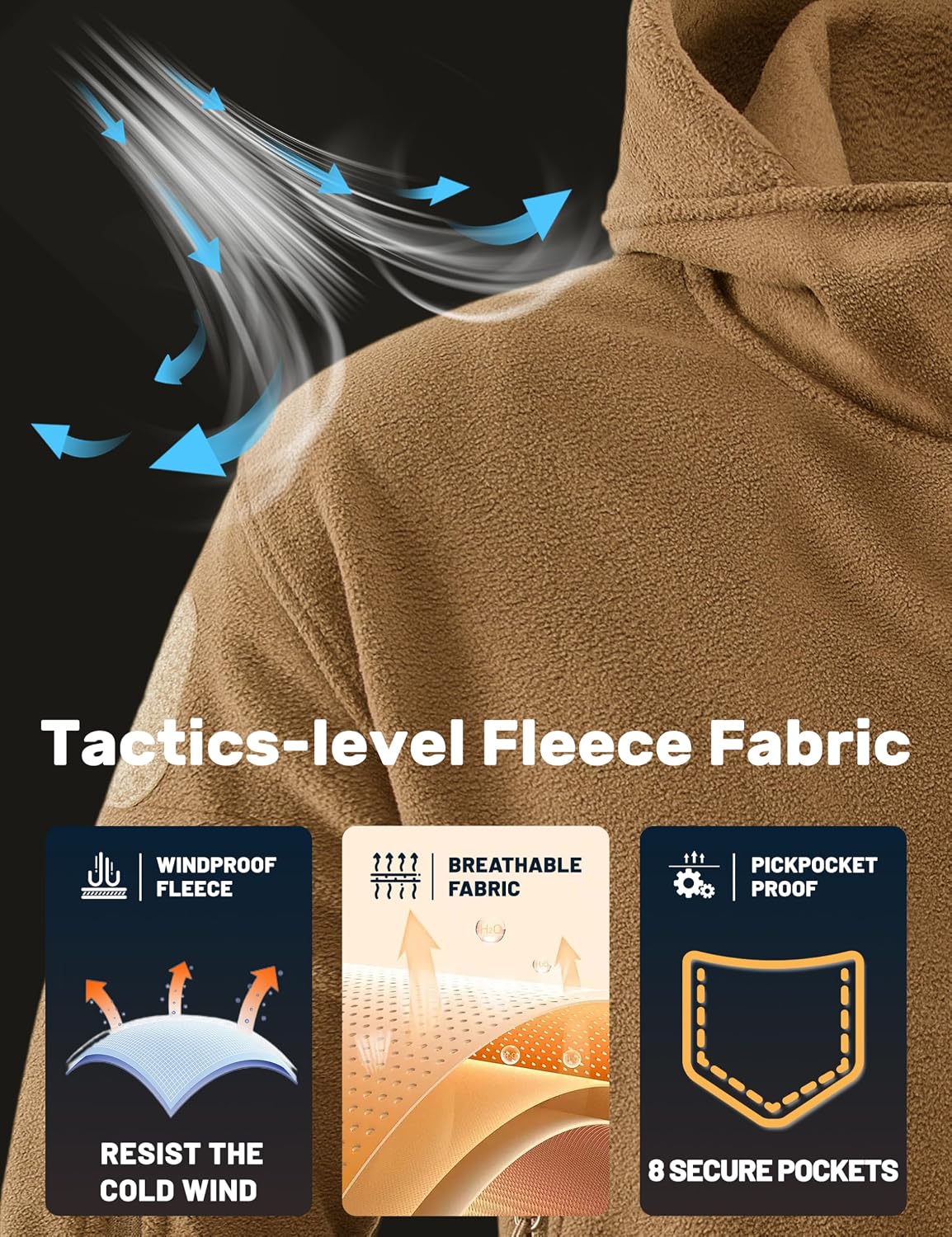 Detalle de TACVASEN EZ-P9XR-B63Y Men's Full-Zip Fleece Jacket with Hood