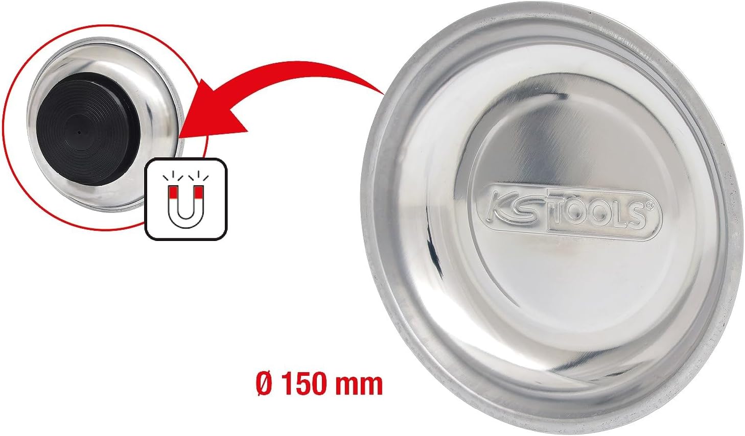 Detalle 2 de KS Tools 800.0150 Vassoio Magnetico in Acciaio Inossidabile Ø150 mm con 1 Calamita