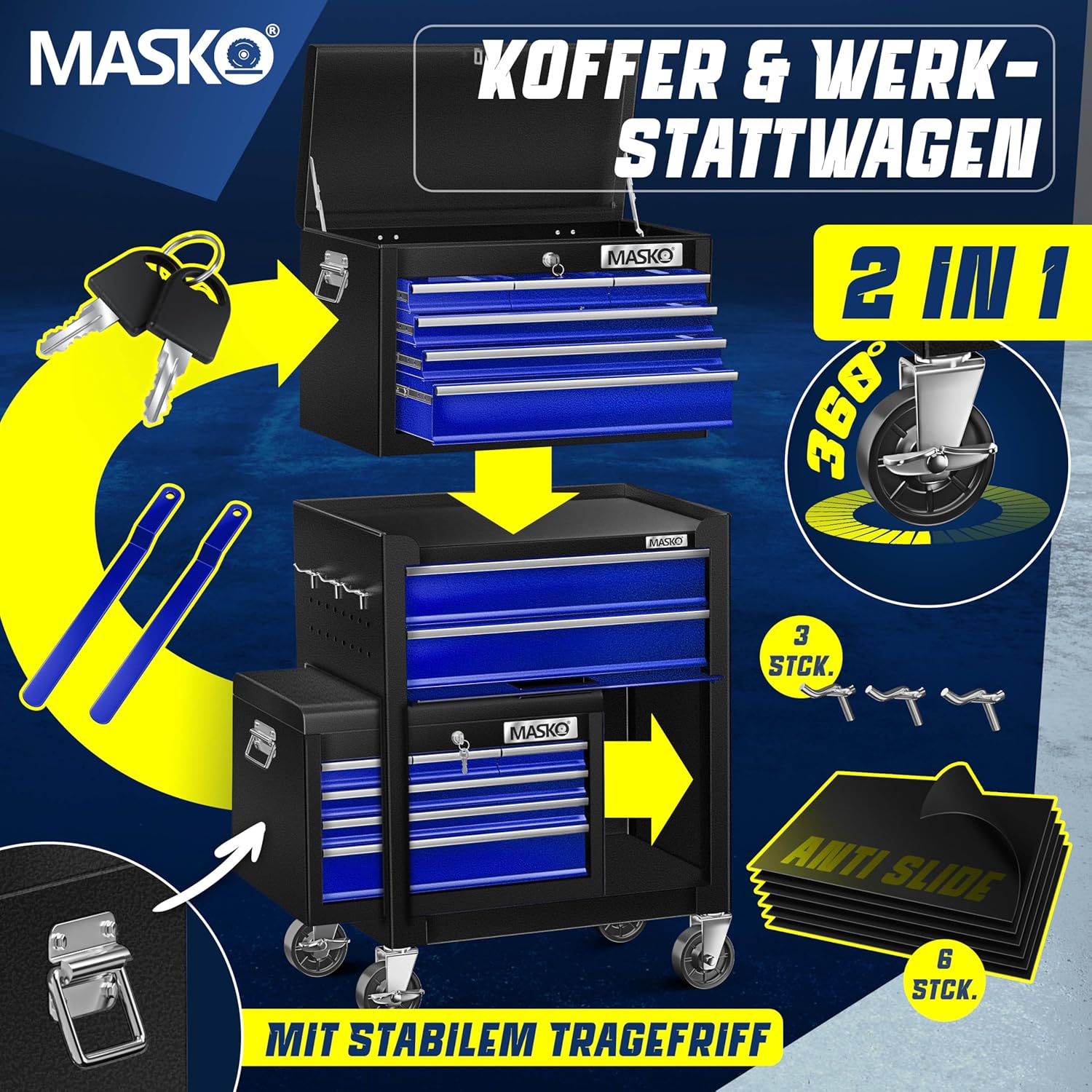 Thumbnail 6 de MASKO Werkstattwagen inkl. Koffer mit Schloss – 9 abschließbare Fächer, massives Metall, blau