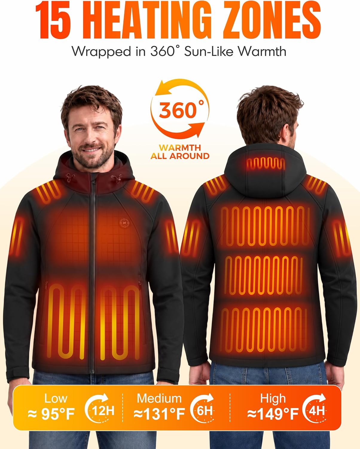 Detalle de HOOHEAT Heated Jacket for Men, 16,000mAh Battery, 15 Heating Zones