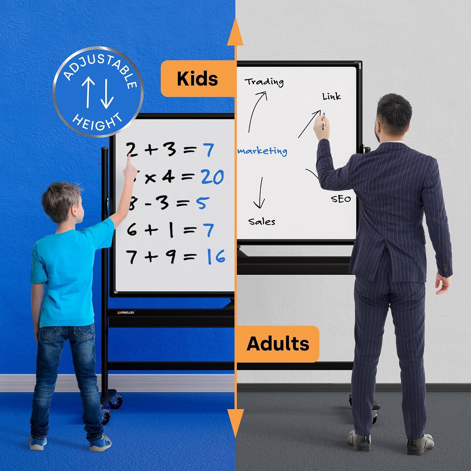 Detalle 2 de KAMELLEO ZJJA89-SBN3 Rolling Whiteboard, Double-Sided Magnetic, 48" x 36
