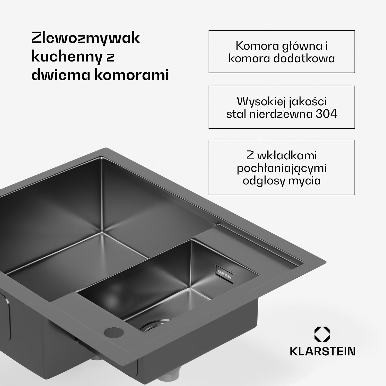 Detalle 2 de Klarstein zlewozmywak 61 × 50 cm ze stali 304, 1,5 komory i przelewem