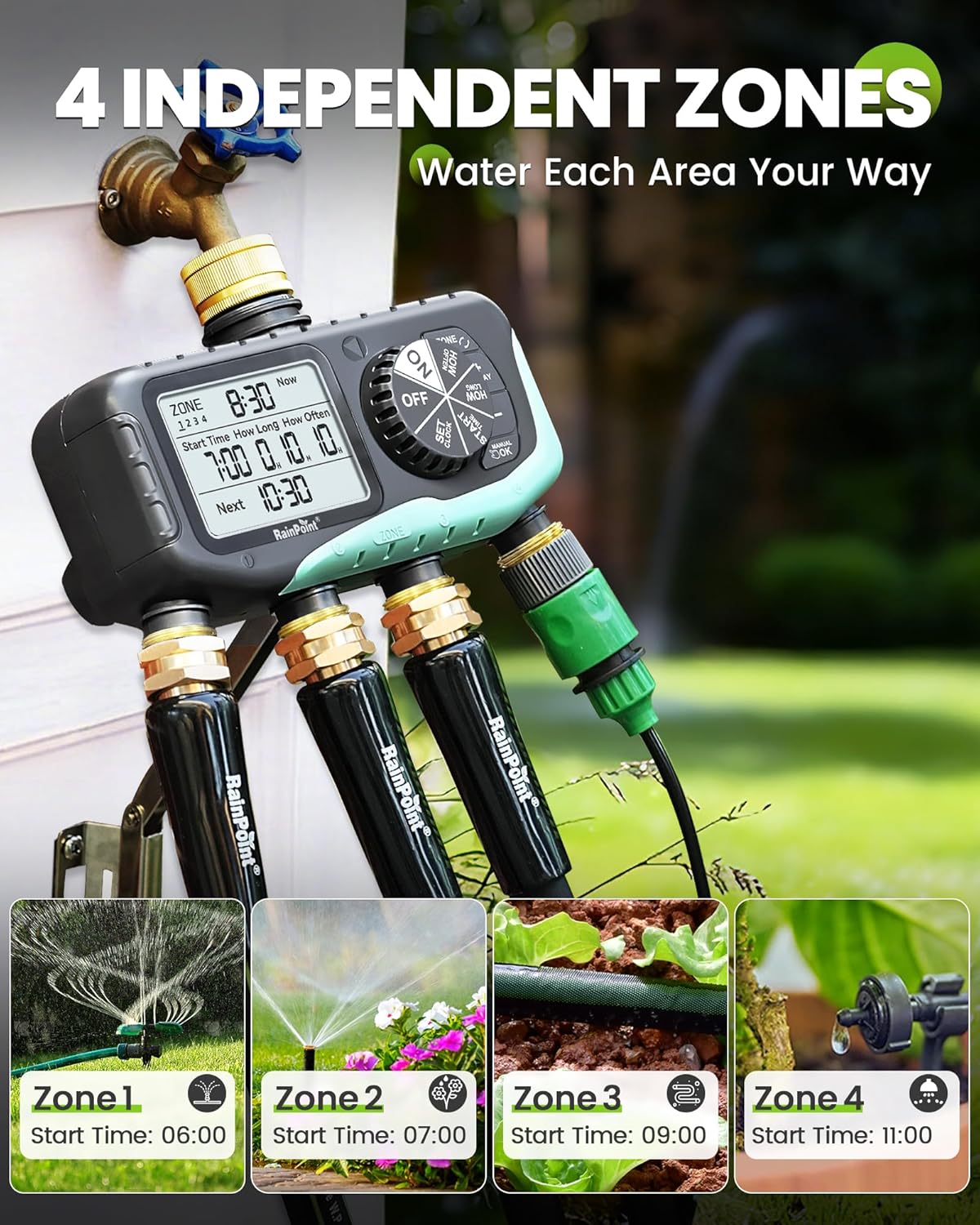 Thumbnail 1 de RAINPOINT 4 Zone Water Timer with Brass Inlet & Outlet – IP65, Rain Delay & Manual Control