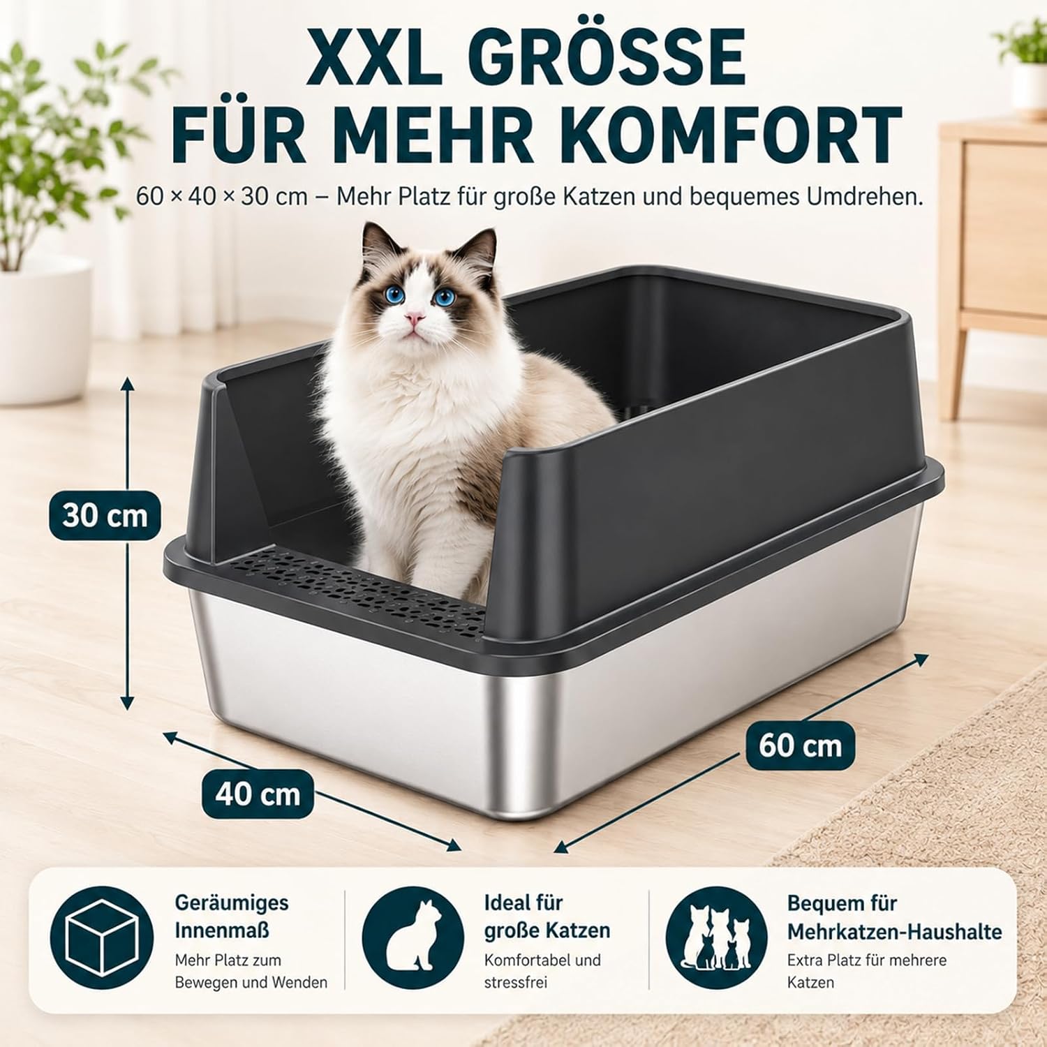 Detalle 2 de 2er-Set XXL Katzenklo aus Edelstahl 60×40×30 cm (37 l) – hoher Rand, offen, inkl. Streuschaufel