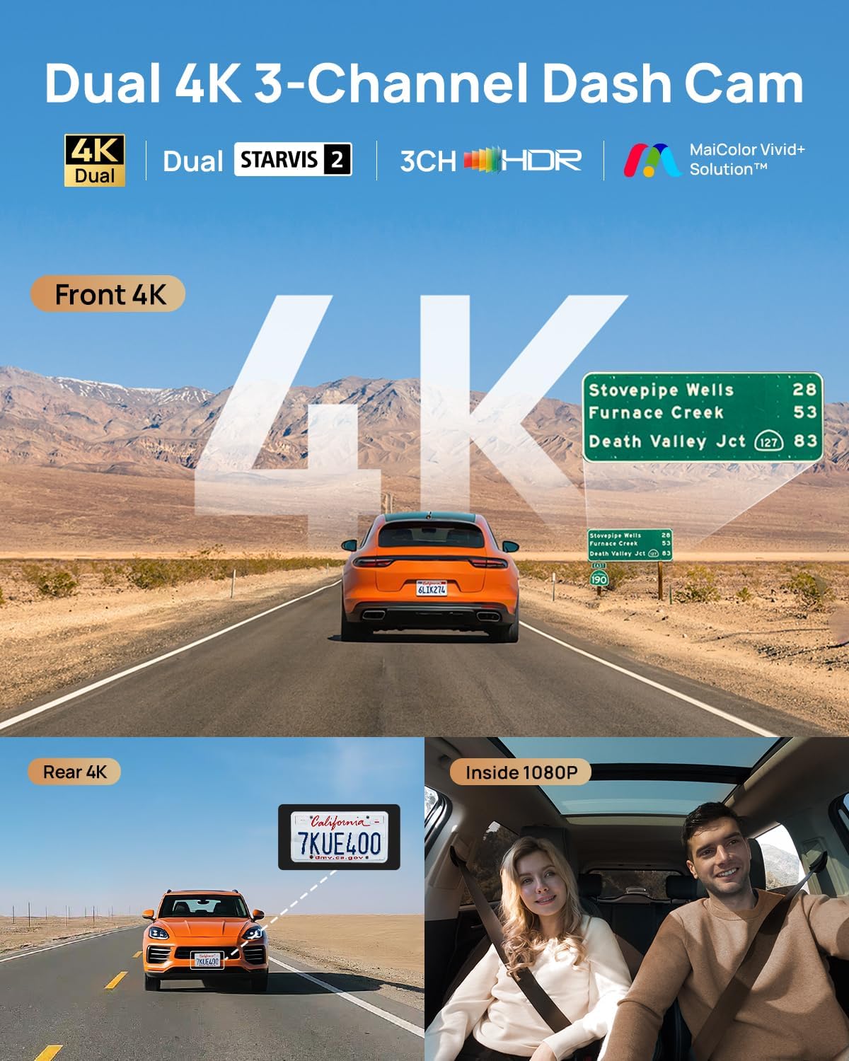 Detalle 2 de 70mai Dash Cam 4K T800 3-Channel (4K front, 4K rear, 1080P interior) with HDR and Dual STARVIS 2
