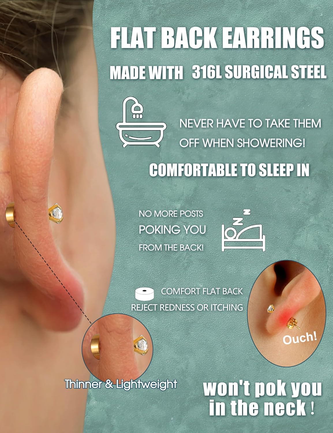 Thumbnail 6 de Roheafer 6 Paar Ohrringe Gold (Chirurgenstahl) – Flatback Ohrstecker & kleine Creolen für mehrere Piercings