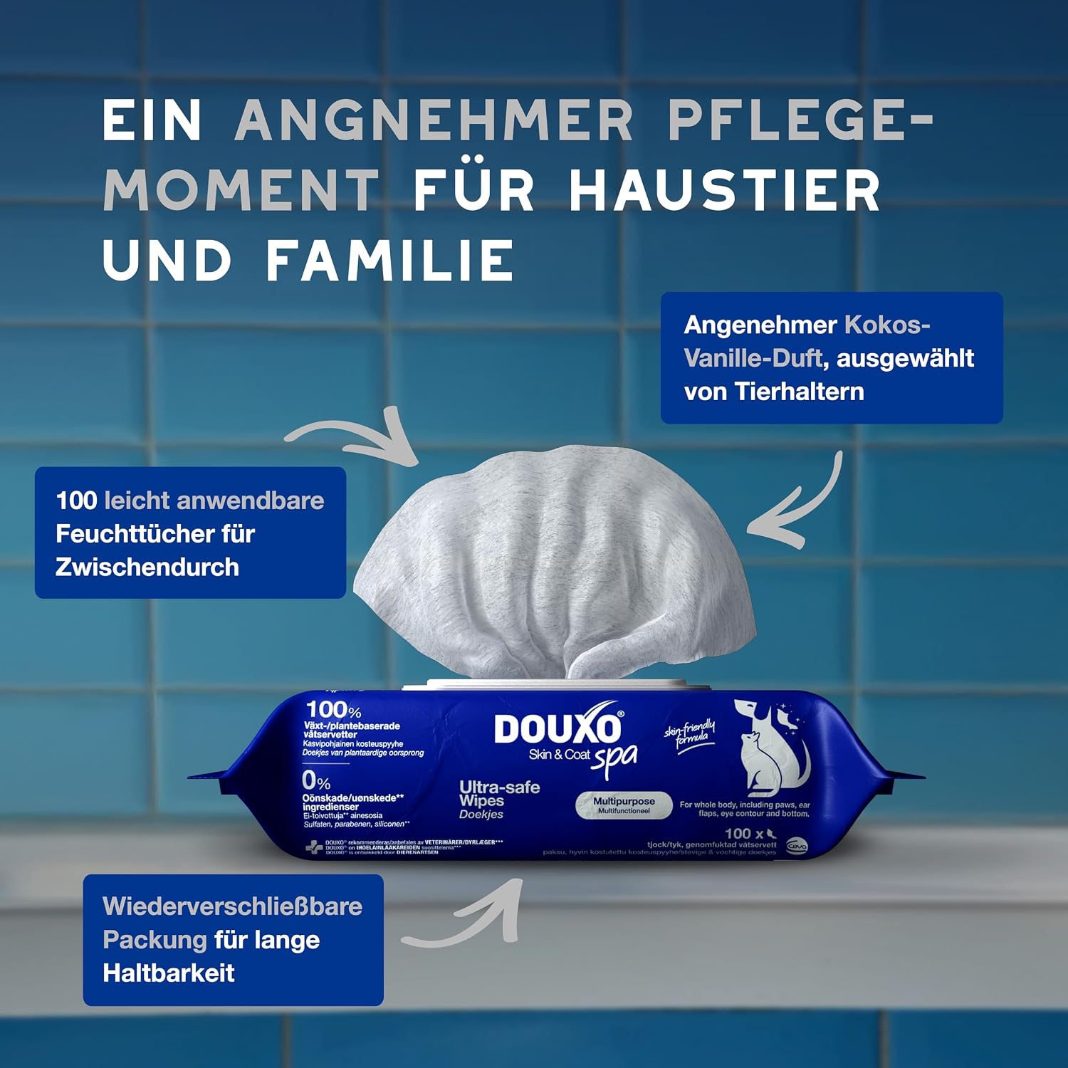 Detalle de DOUXO Skin & Coat SPA – Ultra-Safe Feuchttücher für Hund und Katze, 100 Stück