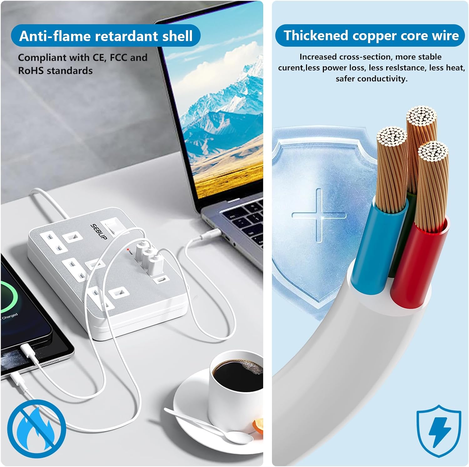 Thumbnail 4 de Extension Lead with 4 USB Slots, 3-Way Plug Extension Socket, 3m Extension Cable – Grey